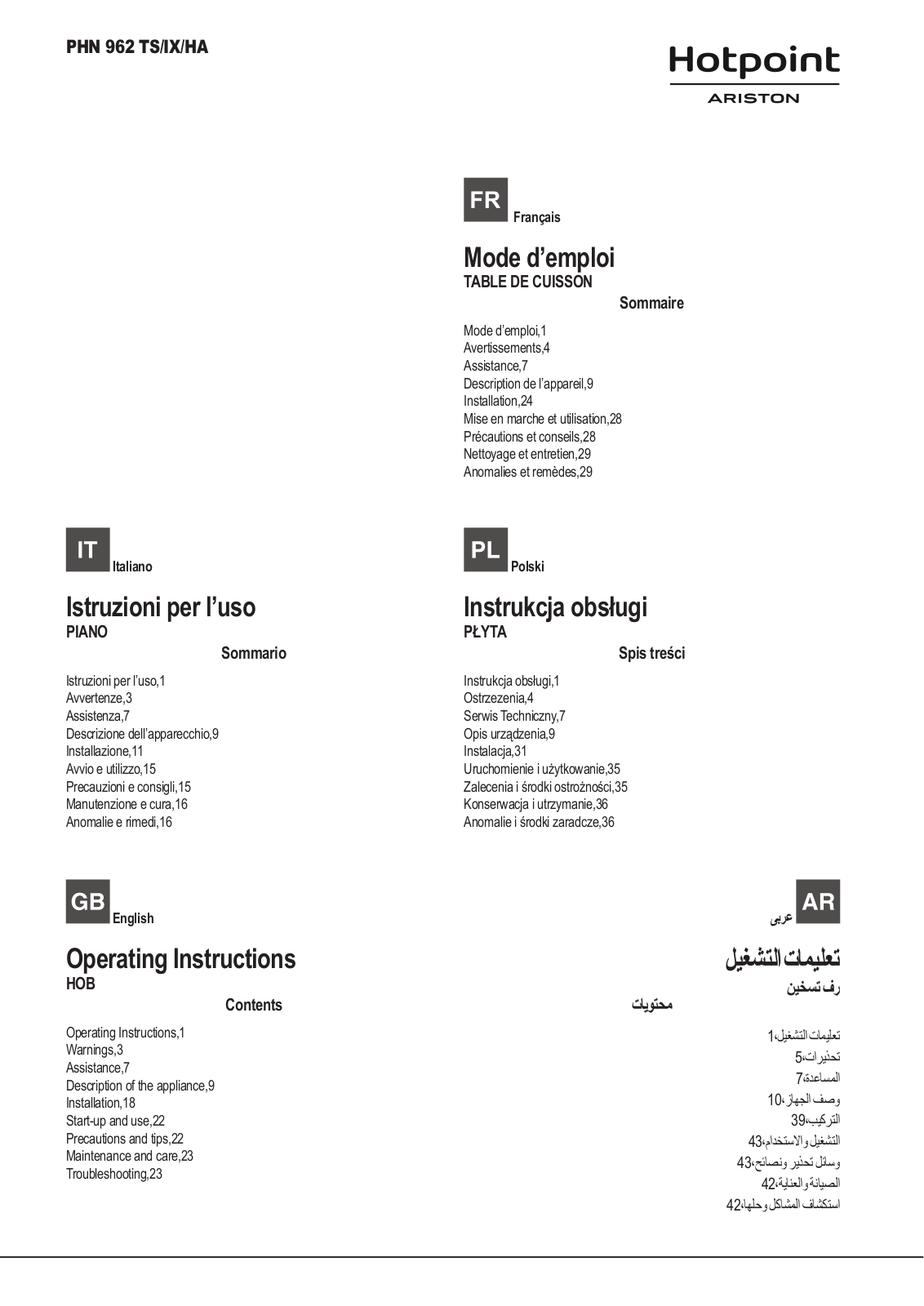 Hotpoint-Ariston PHN 962 TS/IX/HA User manual