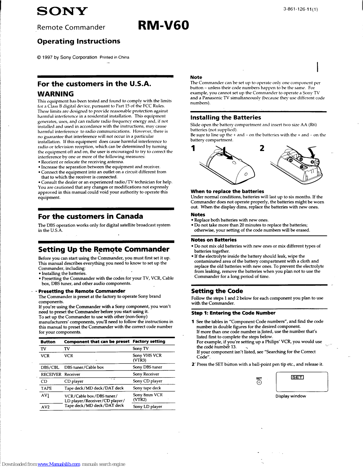 Sony RM-V60 Operating Instructions (primary manual) Operating Instructions Manual