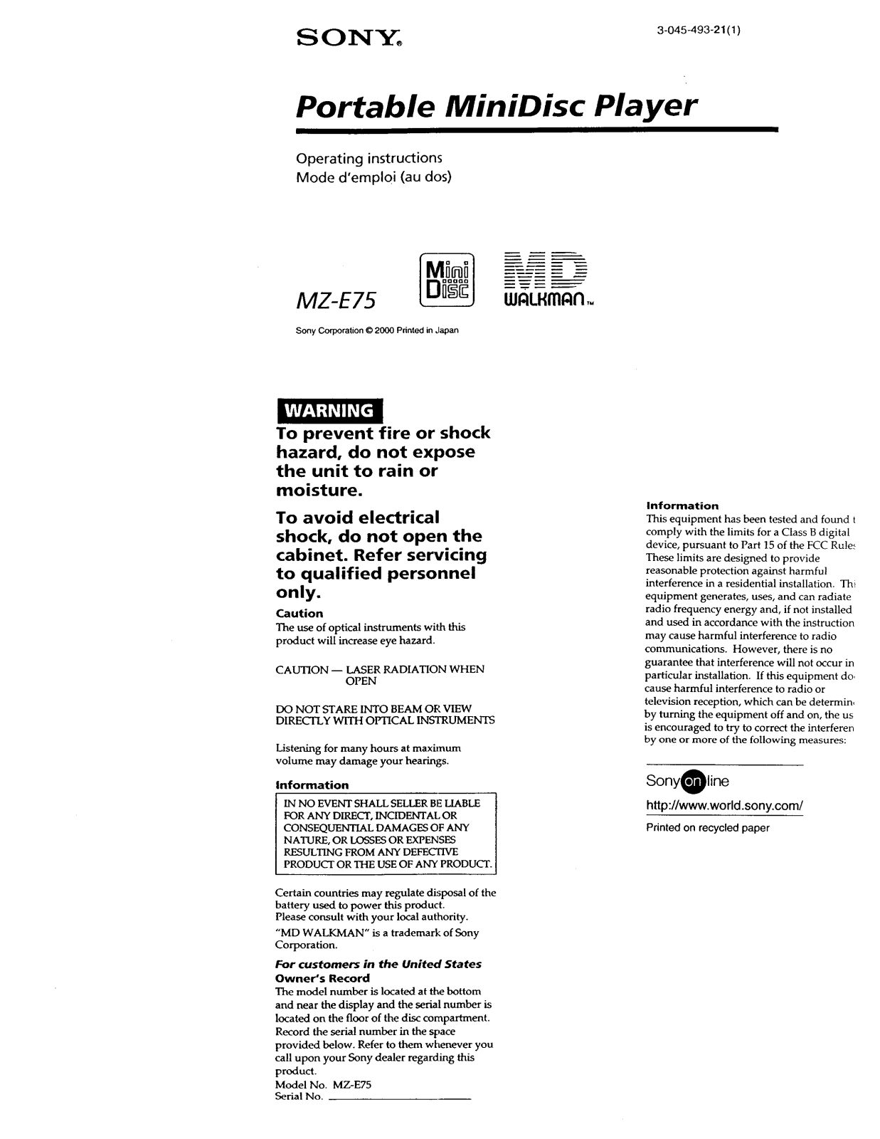 Sony MZ-E75 Operating Manual