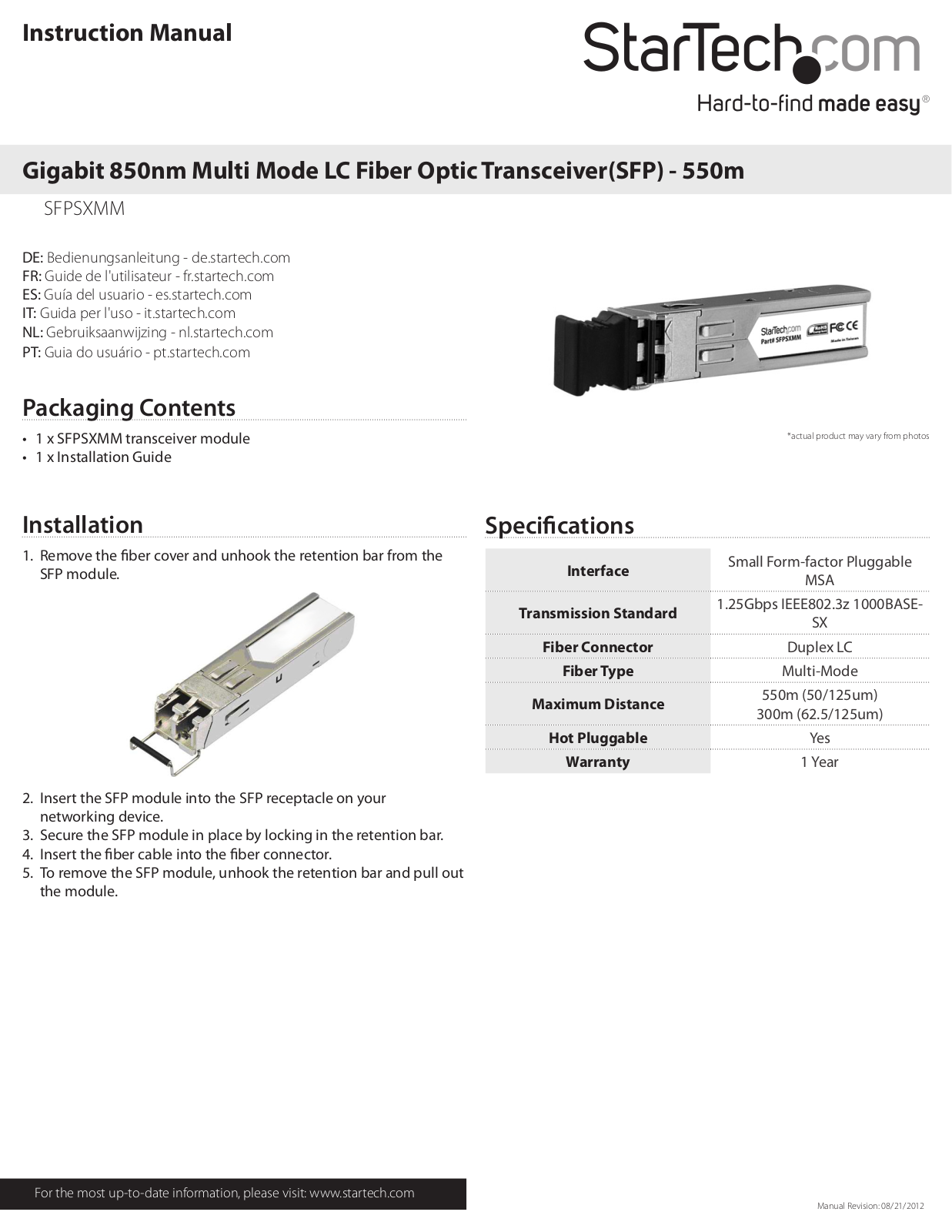 StarTech SFPSXMM User Manual