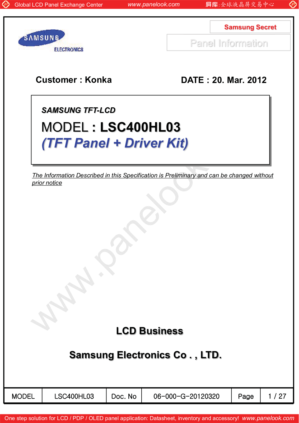 SAMSUNG LSC400HL03 Specification