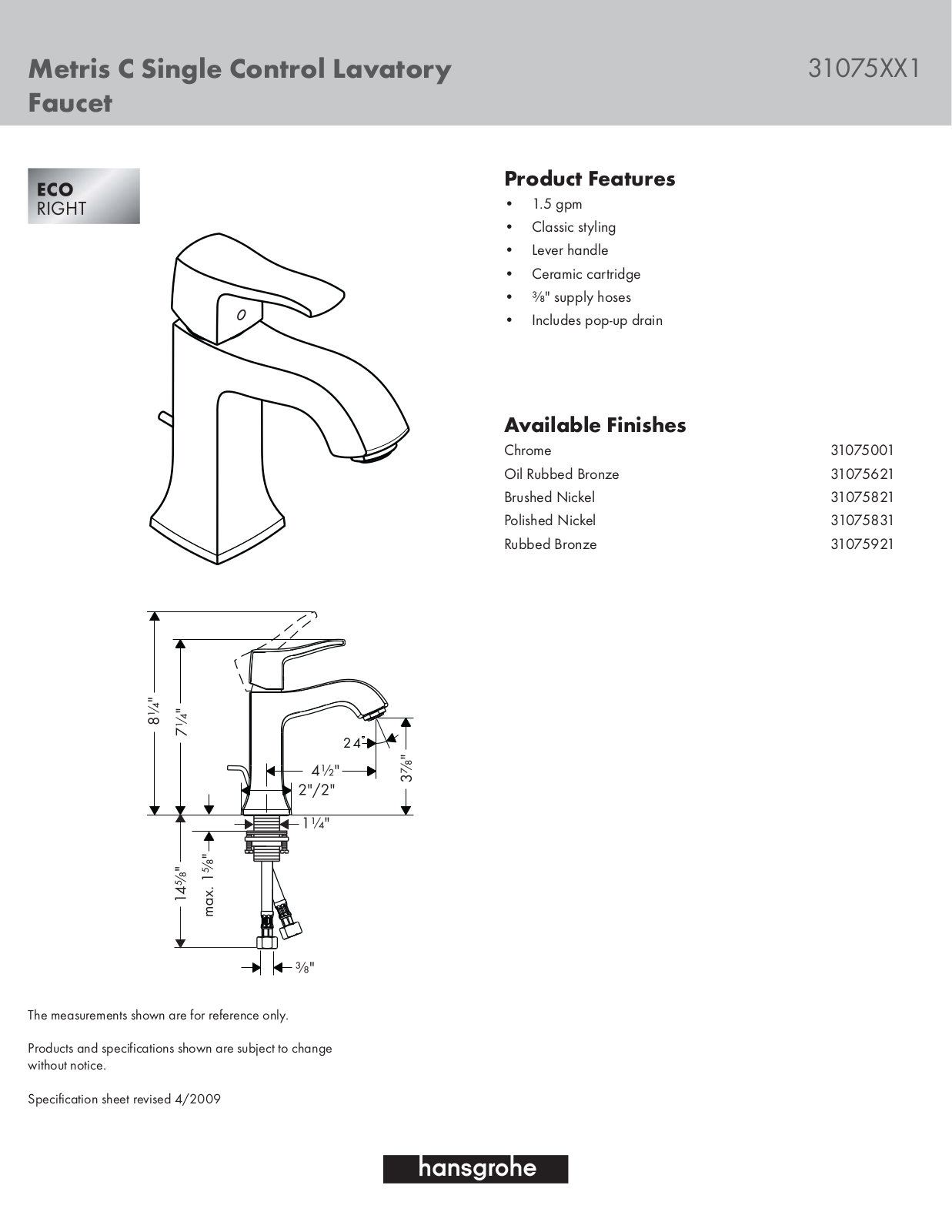 Hansgrohe 31075001 Specs