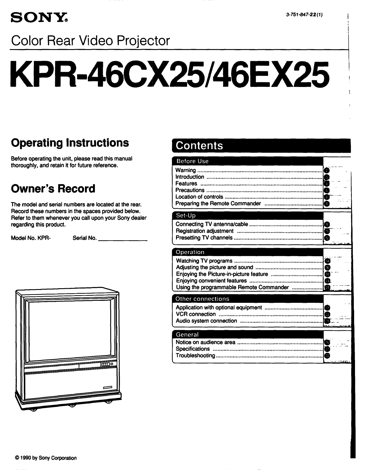 Sony KP-R46EX25 Operating Instructions