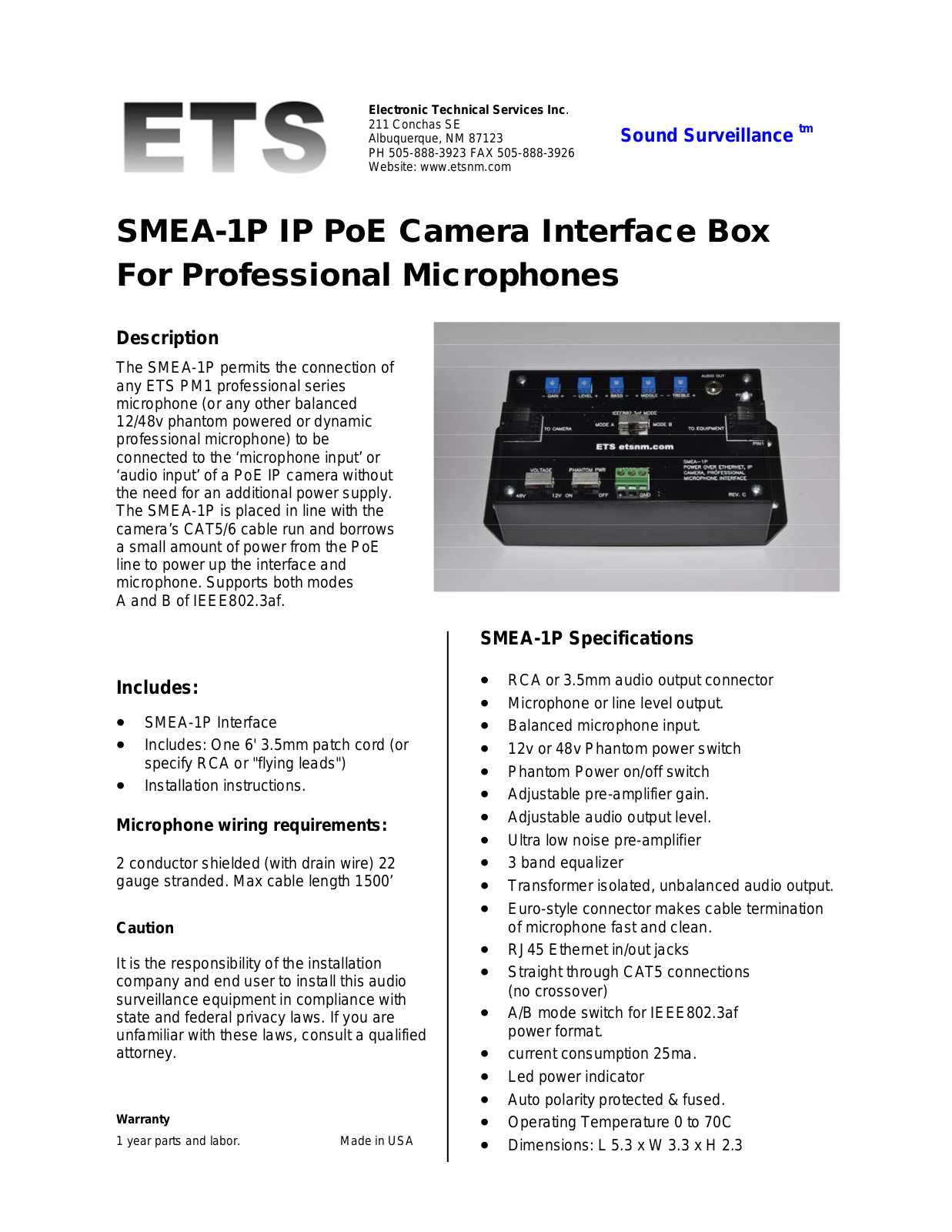 ETS SMEA-1P Specsheet