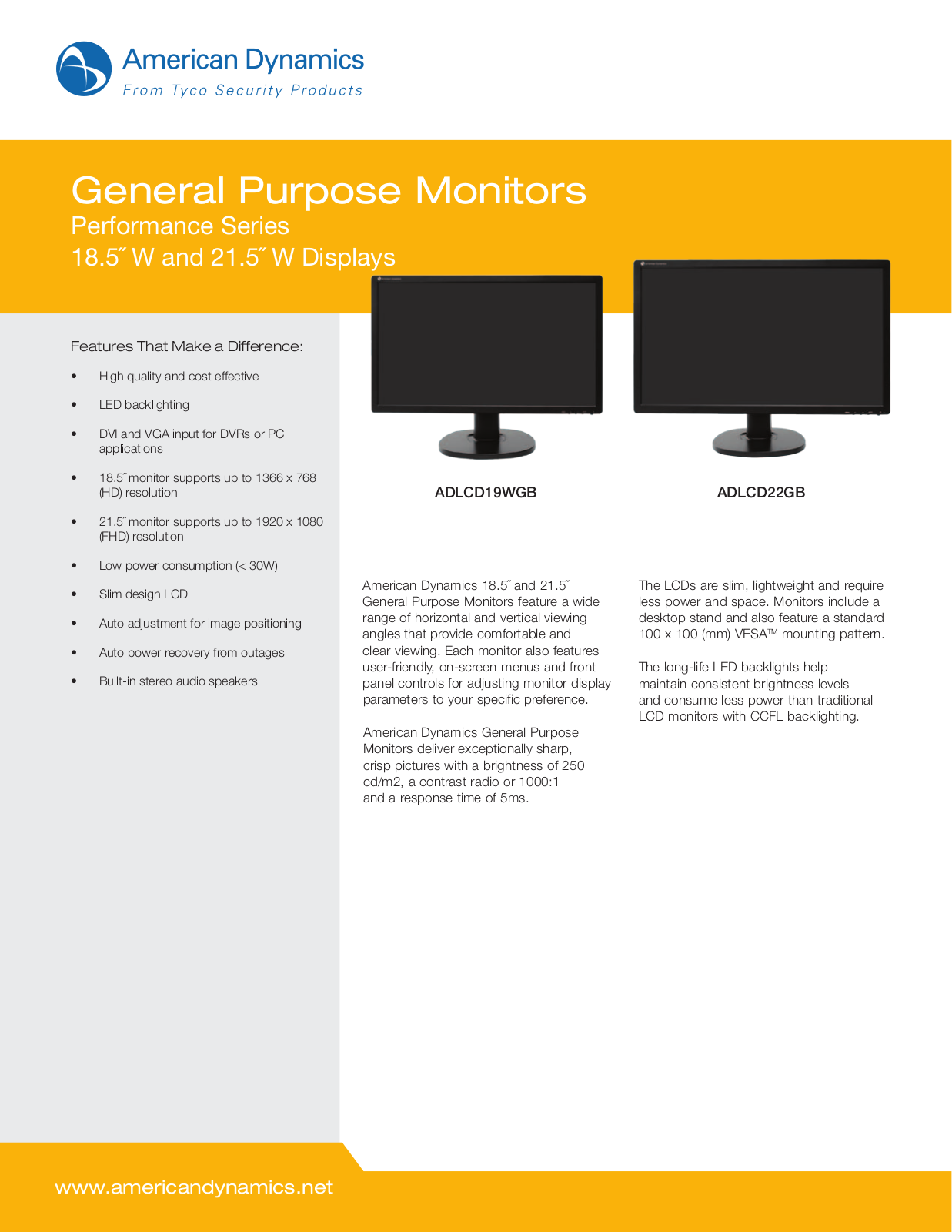 American Dynamics ADLCD19WGB, ADLCD22GB Specsheet