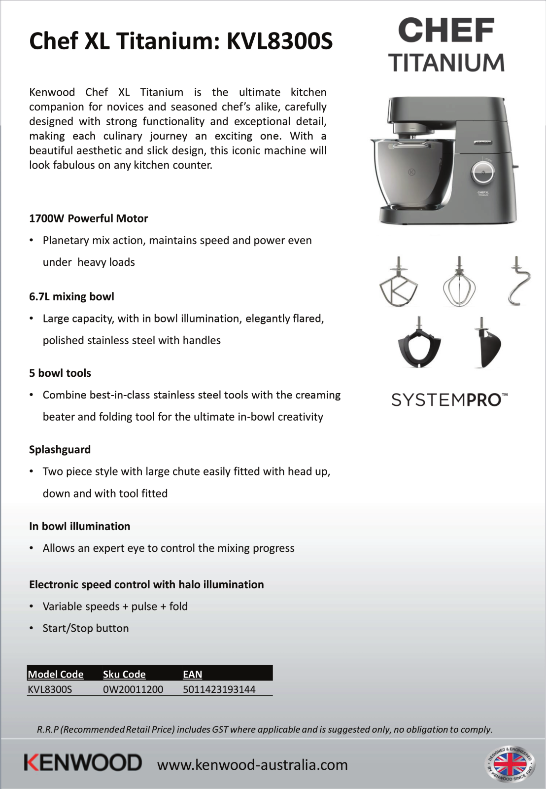 Kenwood KVL8300S Specifications Sheet