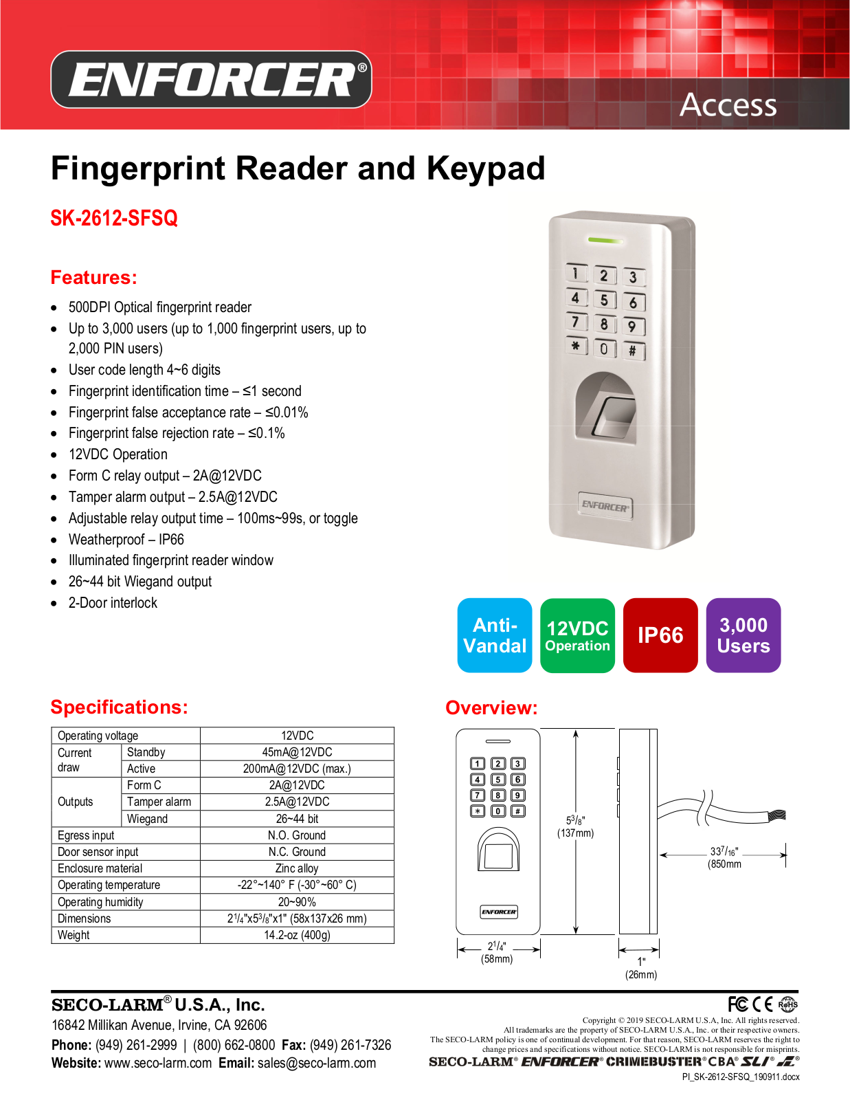 Seco-Larm SK-2612-SFSQ Specsheet