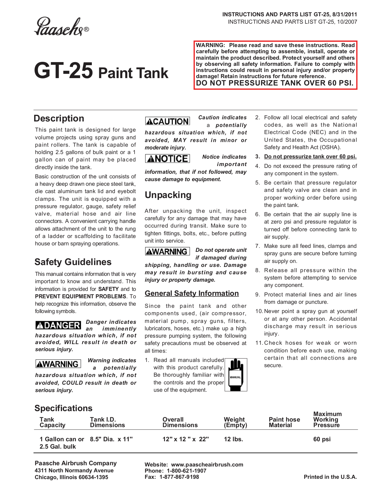 Paasche GT-PL User Manual