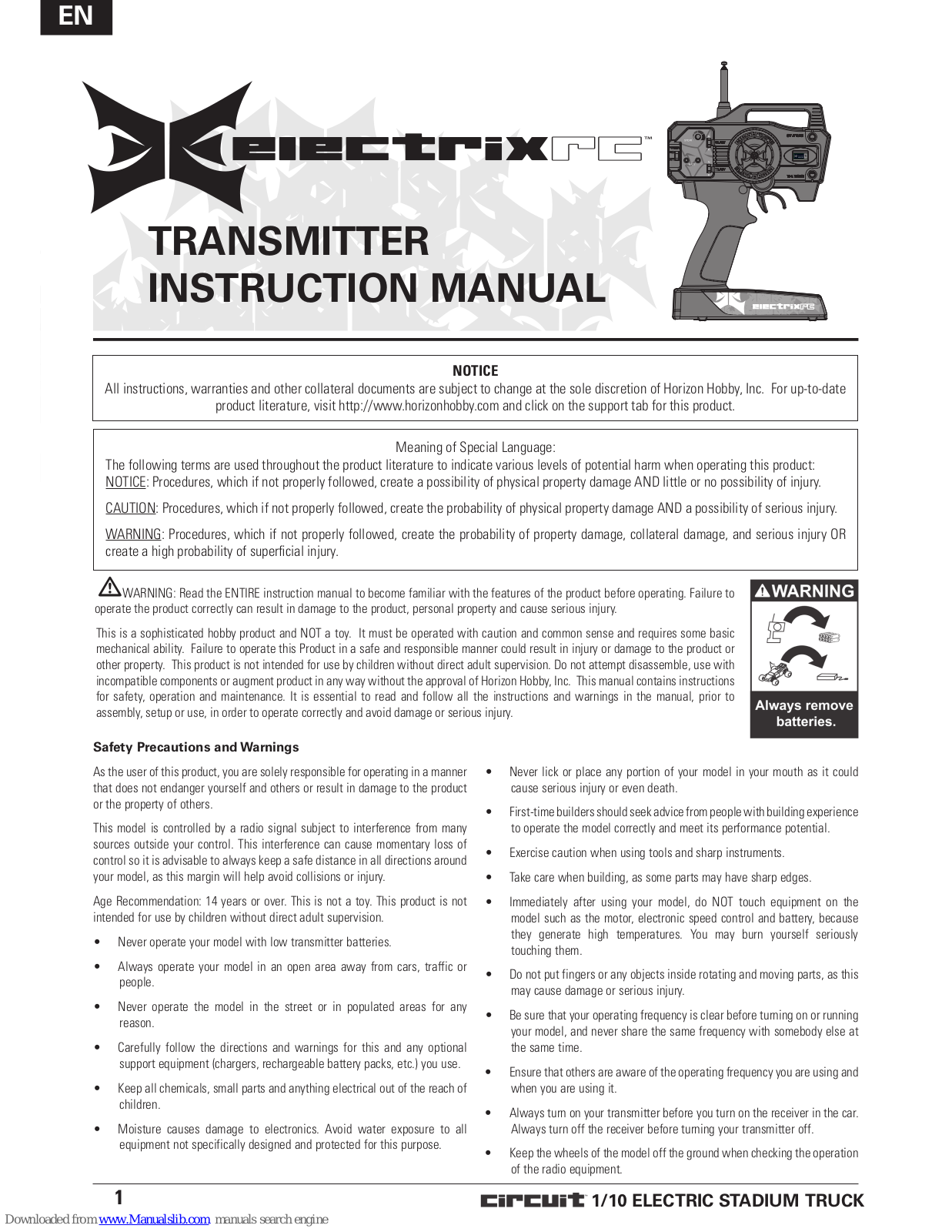 Electrix RC Circuit 1/10 Electric Stadium Truck, ECX1066 Instruction Manual