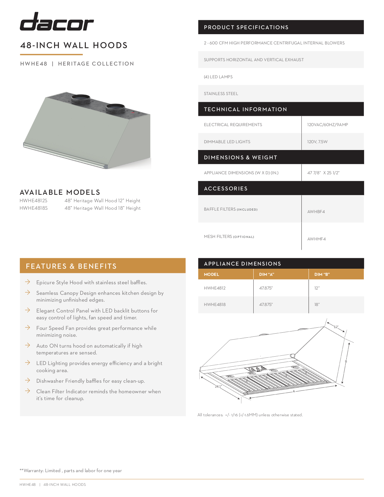 Dacor DARERADWRH301 Specs