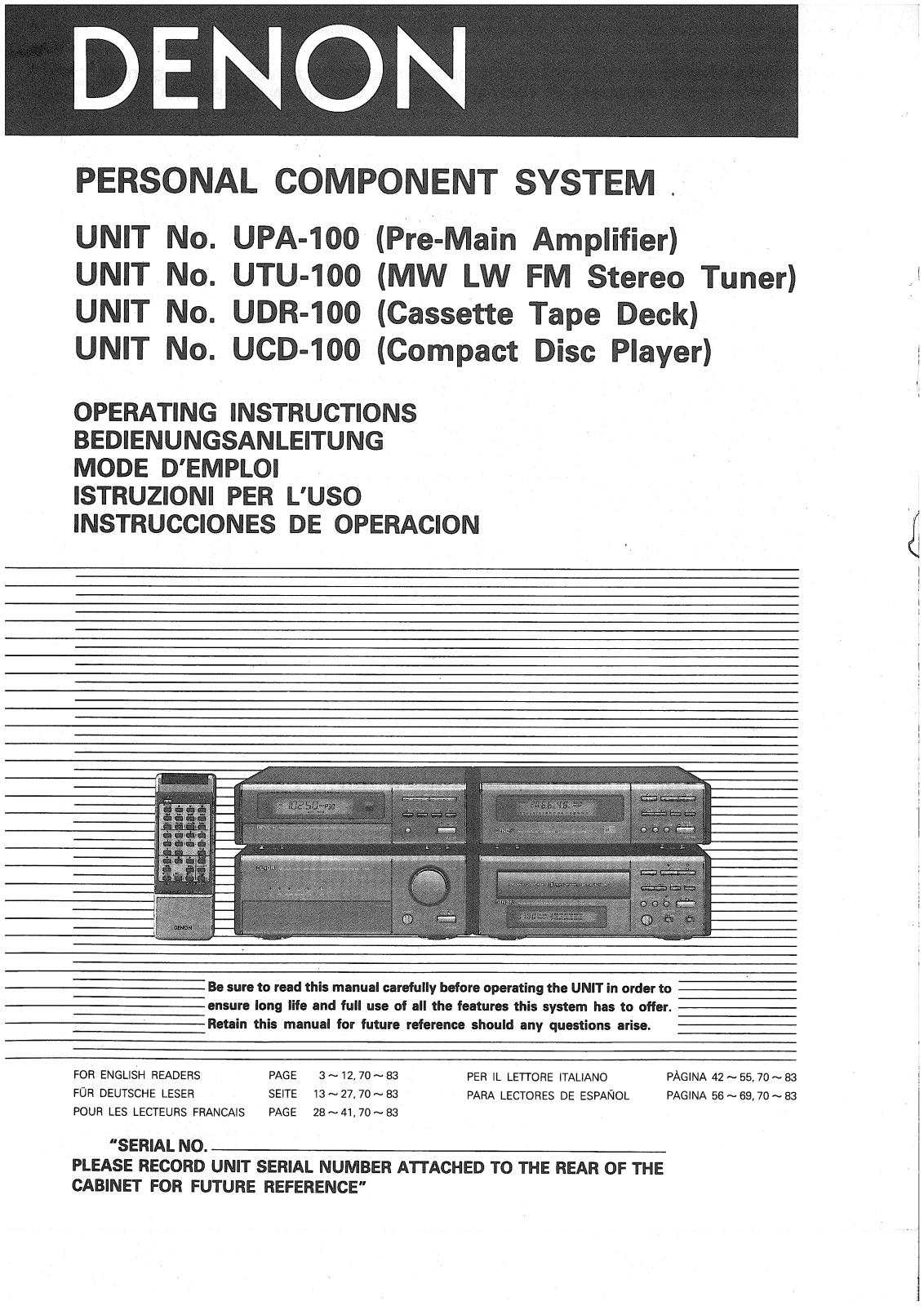 Denon UPA-100, UTU-100, UDR-100, UCD-100 Owner's Manual