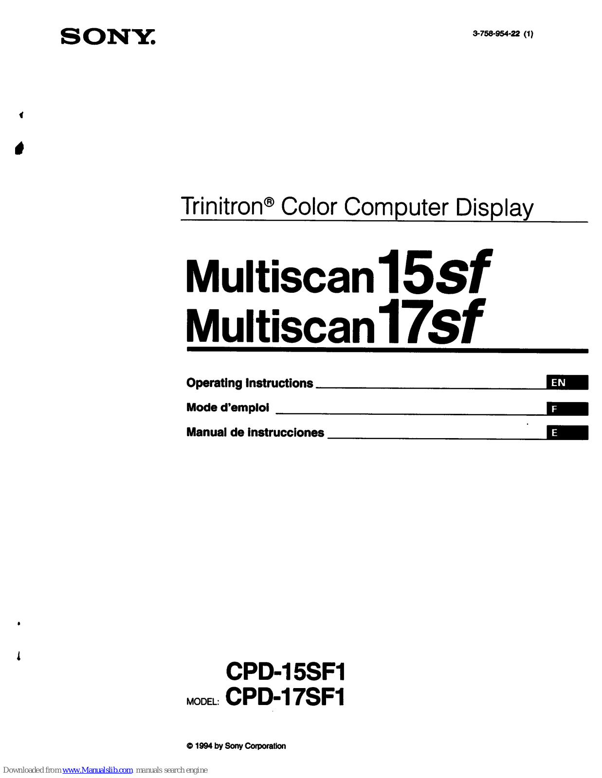 Sony CPD-15SF1 Operating Instructions (primary manual), Trinitron CPD-17SF1, Multiscan 15sf, Multiscan 17sf Operating Instructions Manual