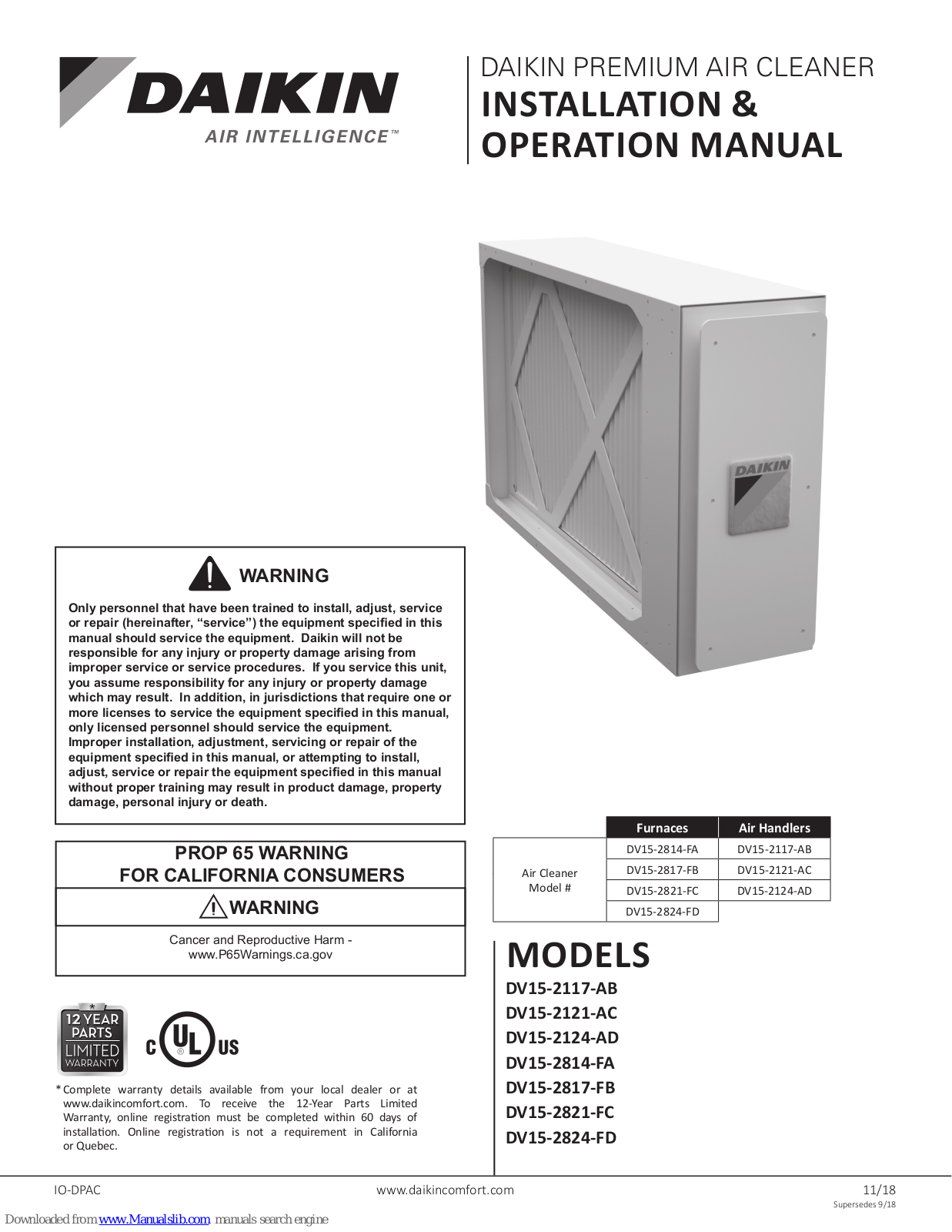 Daikin DV15-2121-AC, DV15-2817-FB, DV15-2117-AB, DV15-2124-AD, DV15-2814-FA Installation & Operation Manual