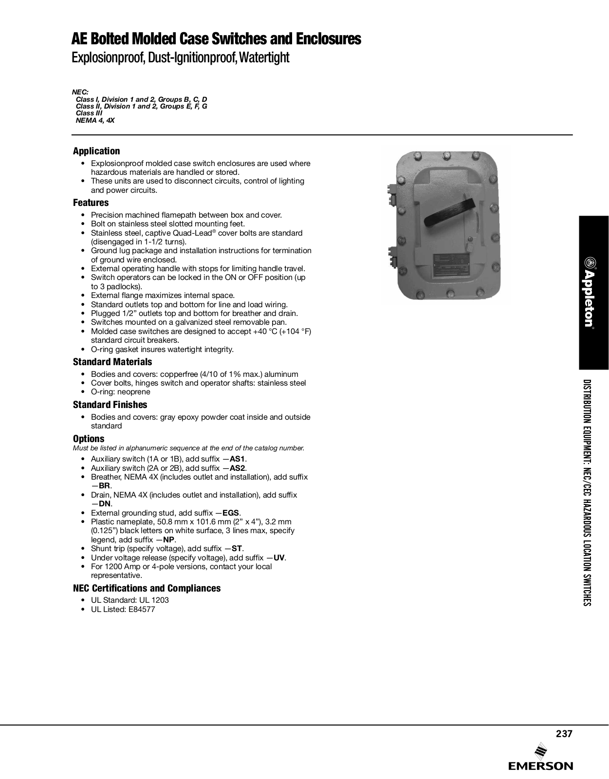 Appleton AE Bolted Molded Case Switches and Enclosures Catalog Page