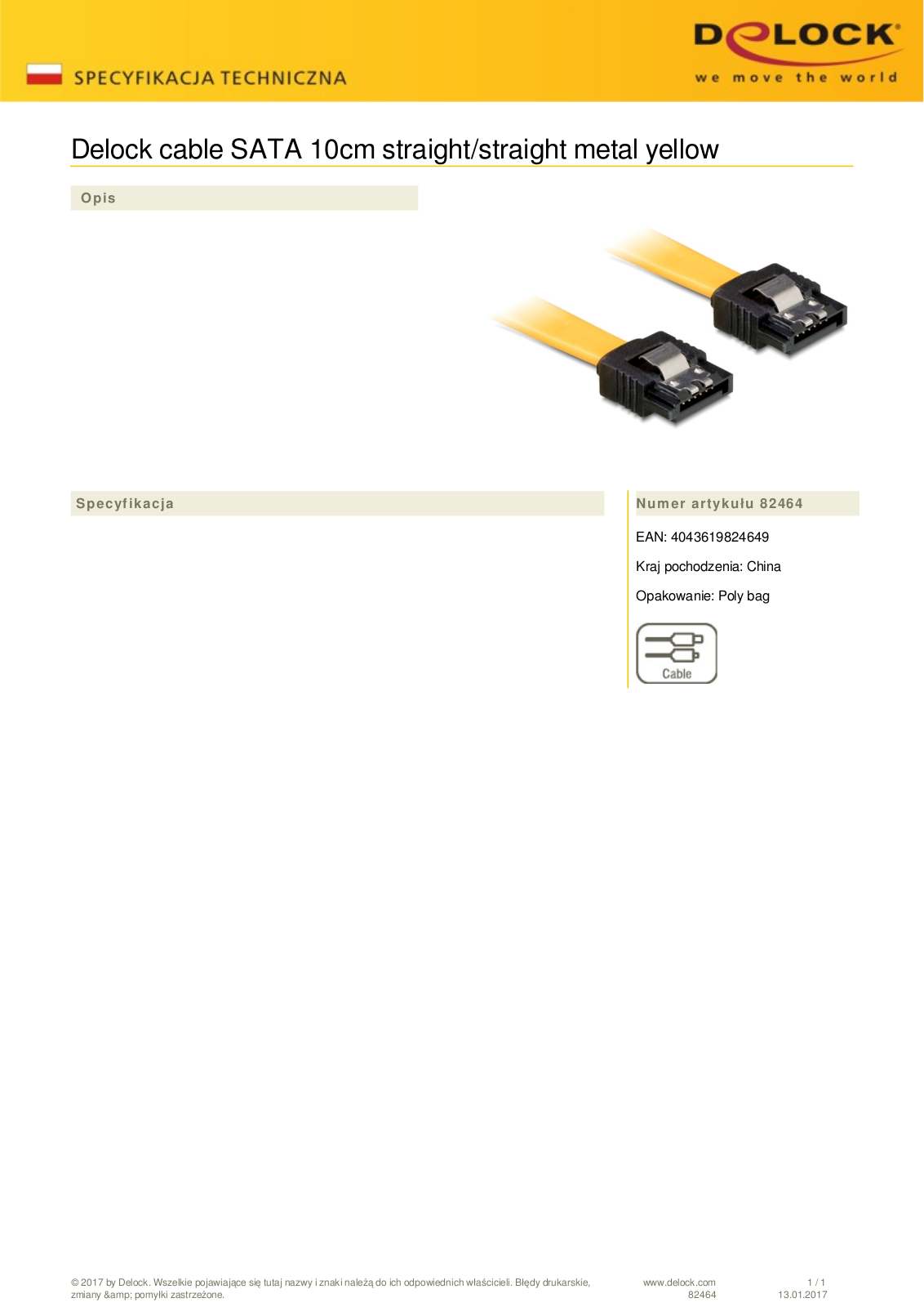 DeLOCK SATA cable yellow 0.1m with locking User Manual