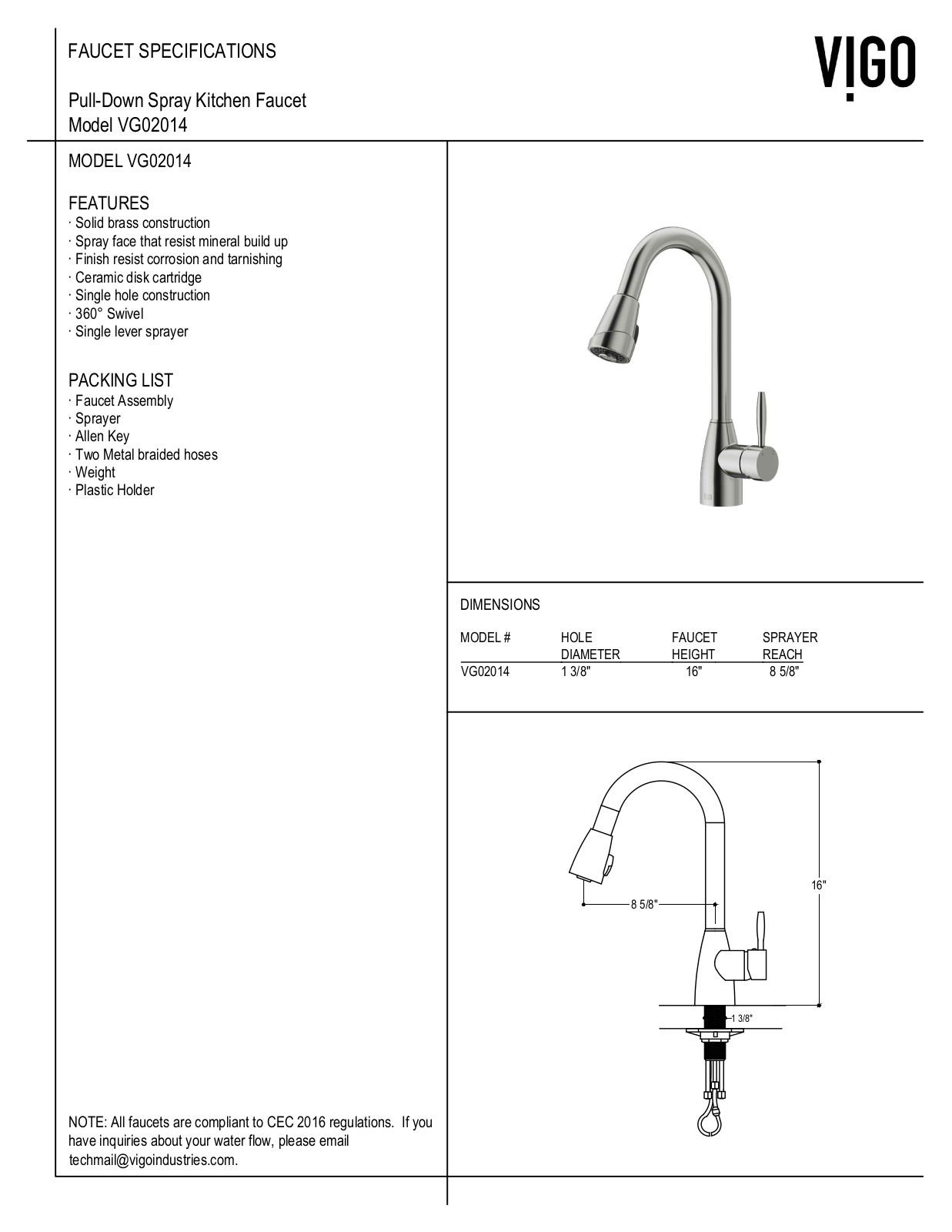 Vigo VG02014MB, VG15145, VG15173, VG15215, VG15261 Specifications