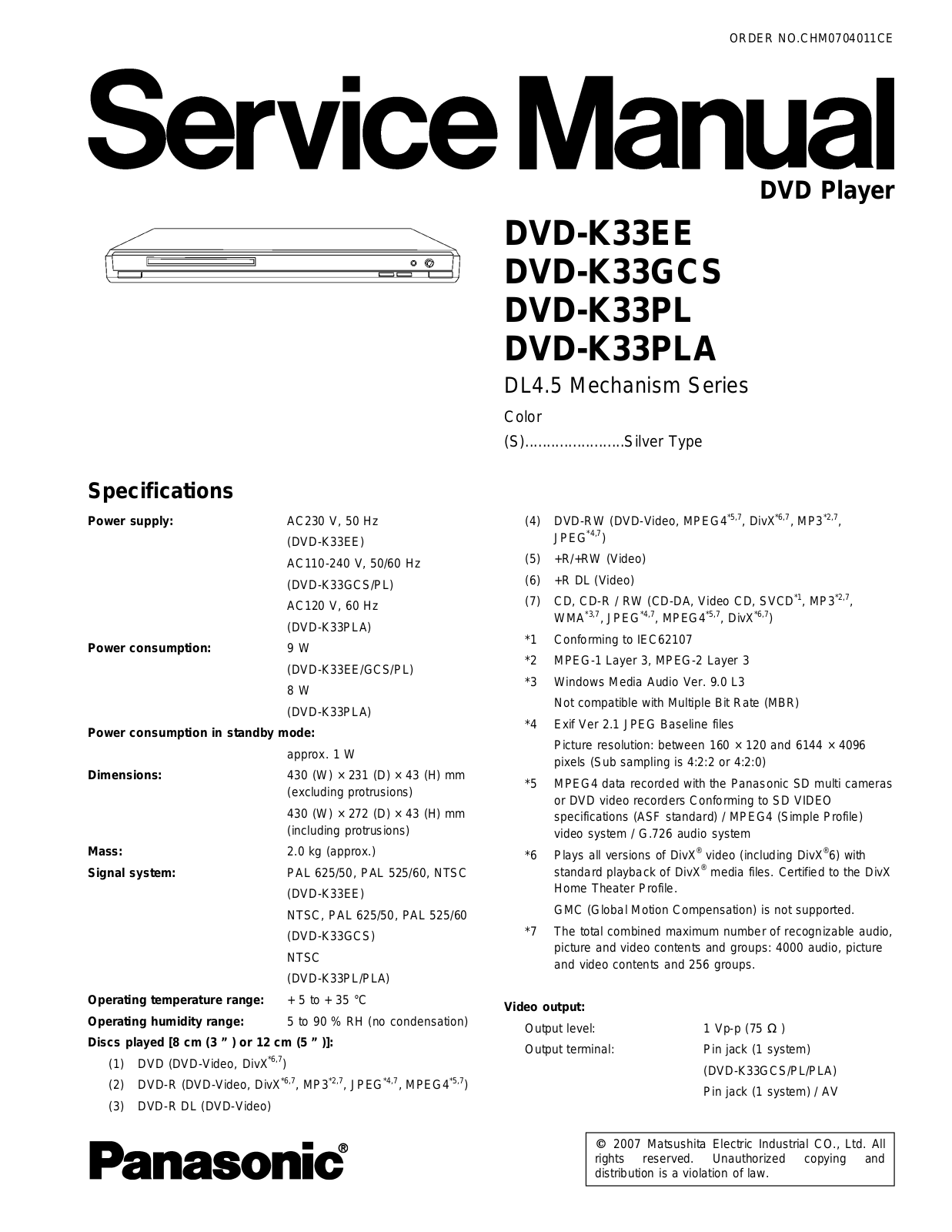 panasonic DVD-K33EE, DVD-K33GCS, DVD-K33PL, DVD-K33PLA Service Manual