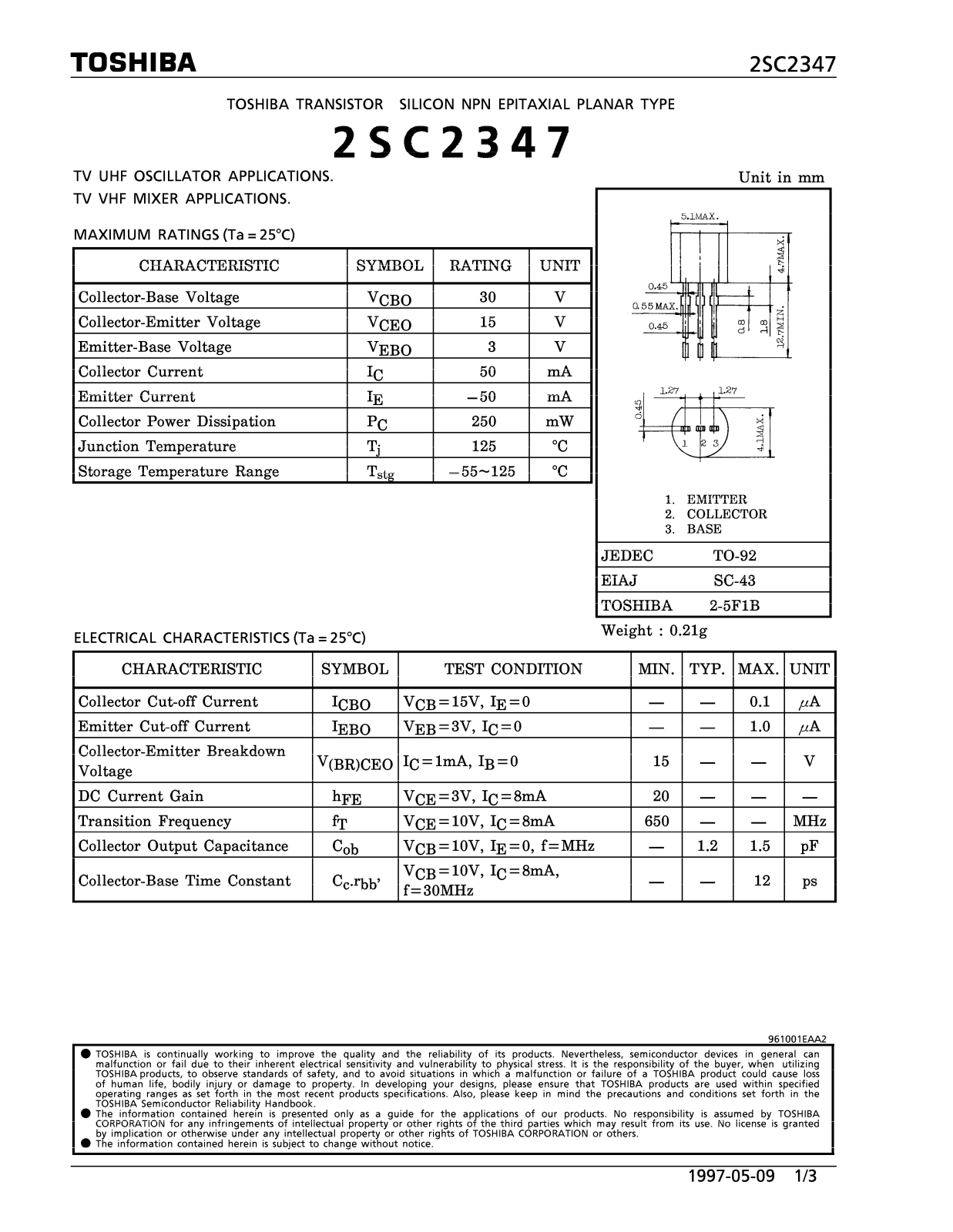 Toshiba 2SC2347 Datasheet