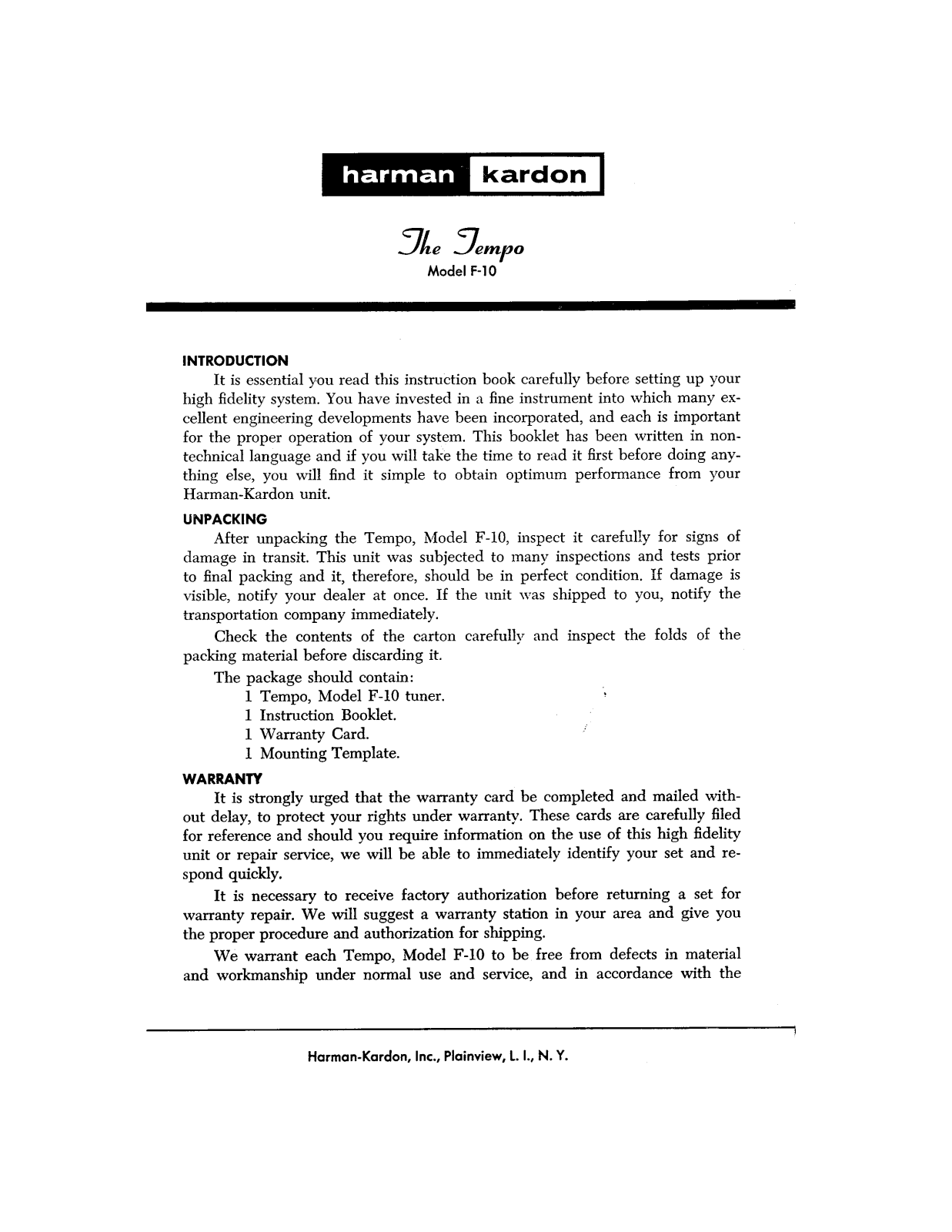 Harman kardon F10 User Manual