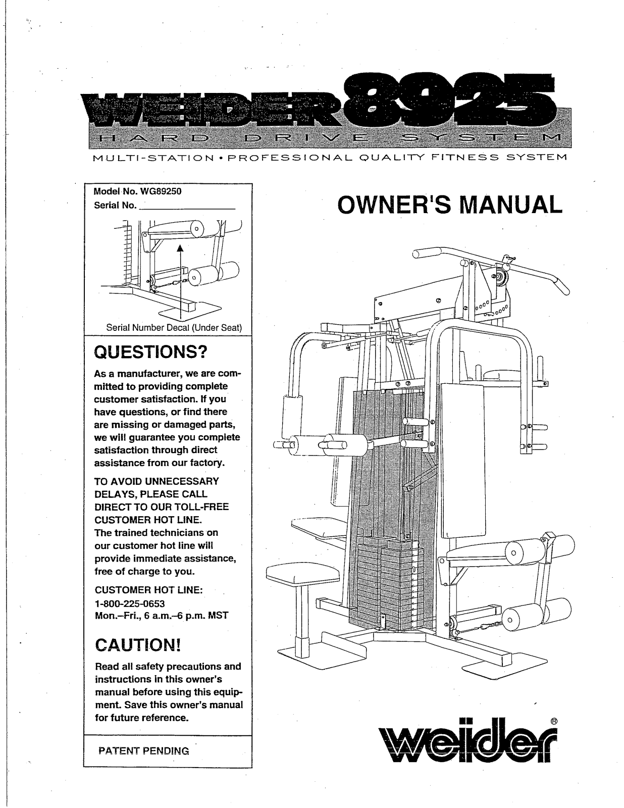 Weider 8925 HARD DRIVE Owner's Manual