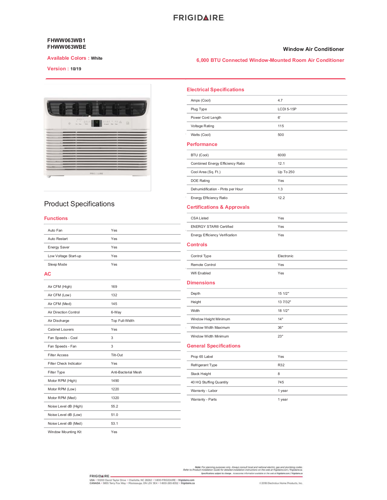 Frigidaire FHWW063WB1 Specifications