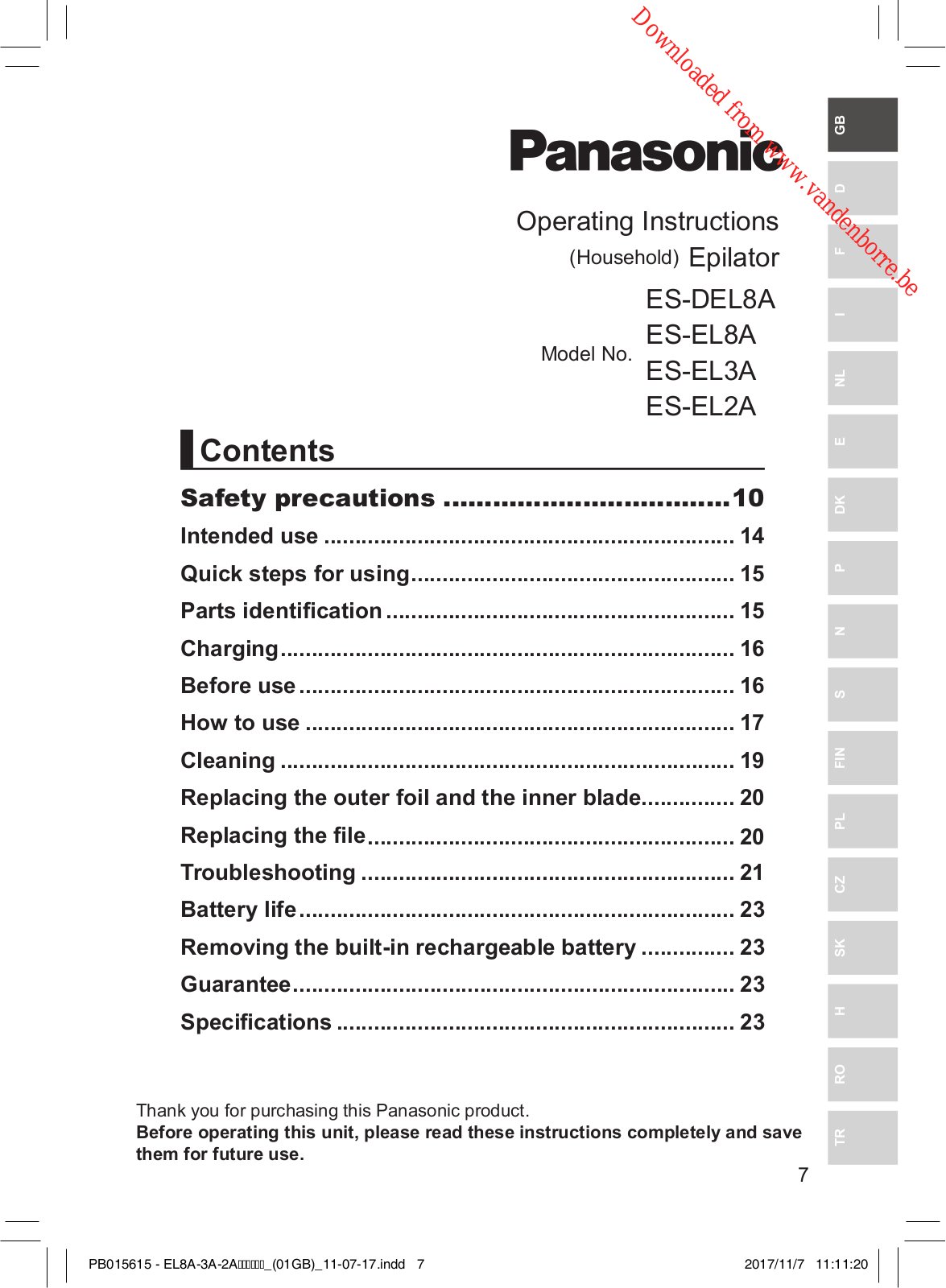 PANASONIC ES-DEL8A, ES-EL8A, ES-EL3A, ES-EL2A User Manual