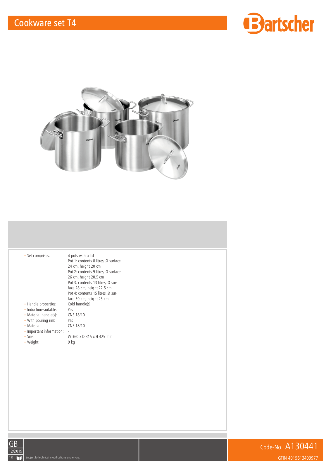 Bartscher T4 Technical data