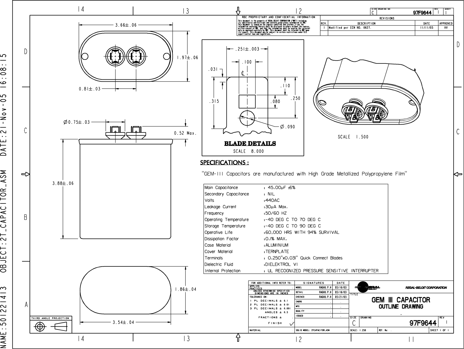 GE Capacitor 97F9644 Dimensional Sheet