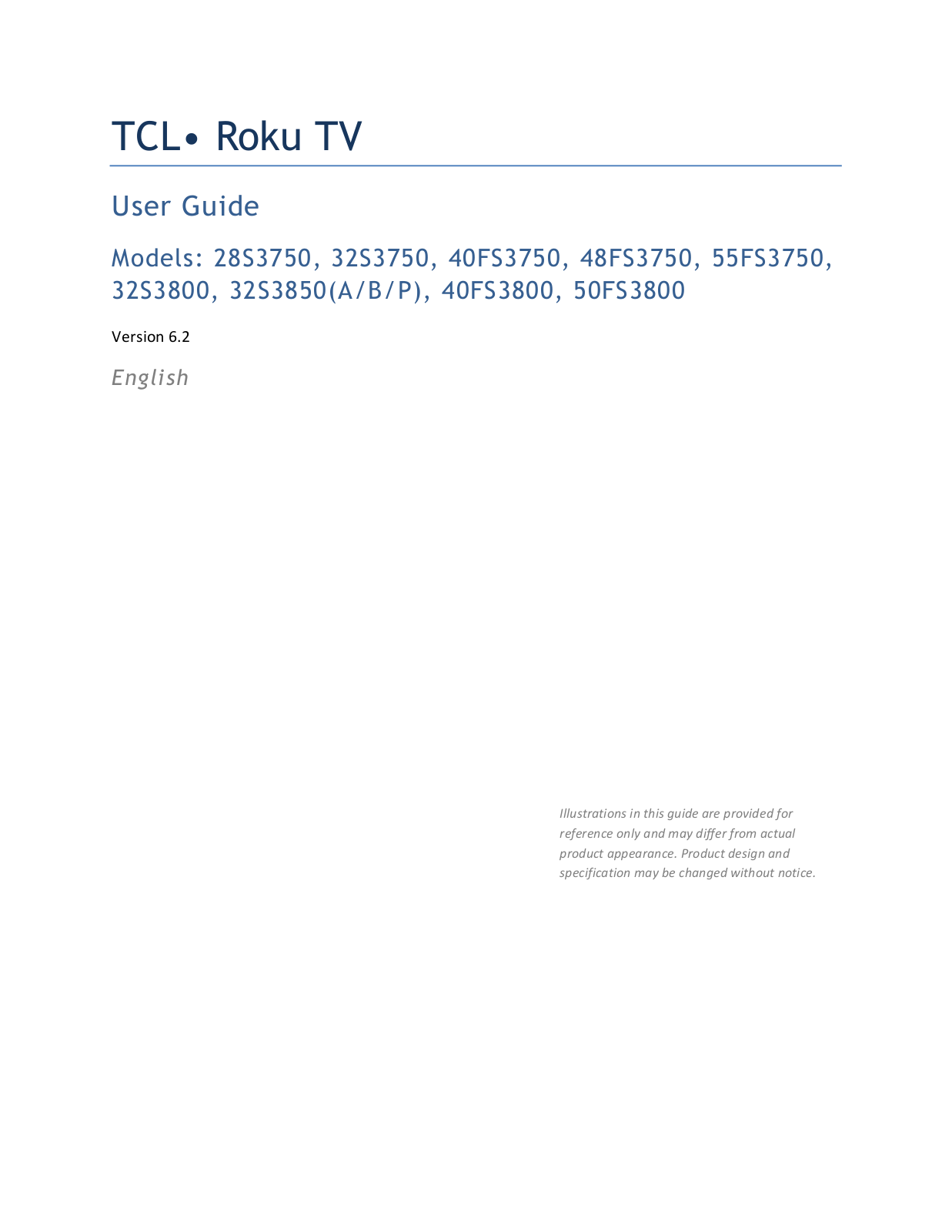 TCL 28S3750, 40FS3750, 48FS3750, 32S3800, 32S3850(A/B/P) User Manual