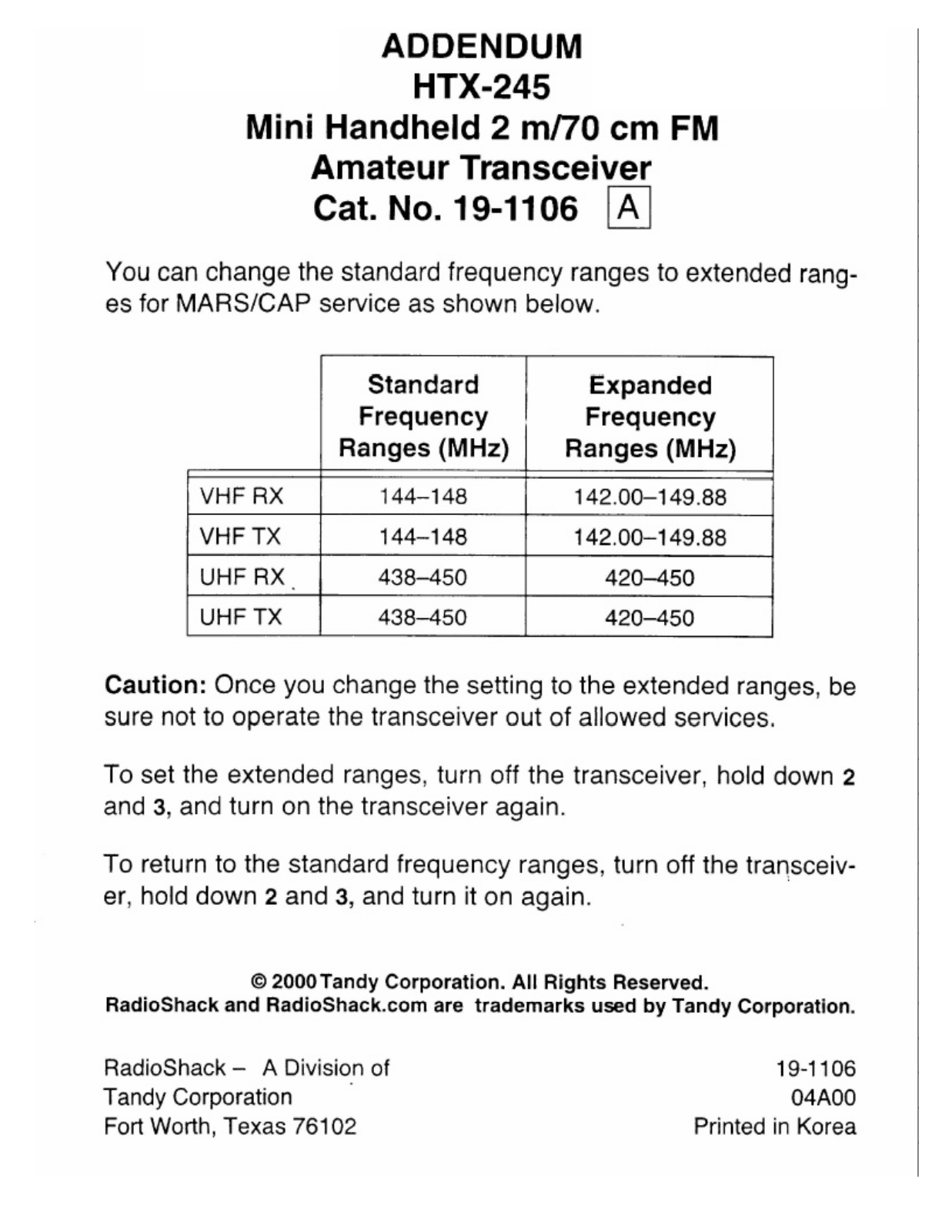 RadioShack HTX-245-Extended-Range Addendum