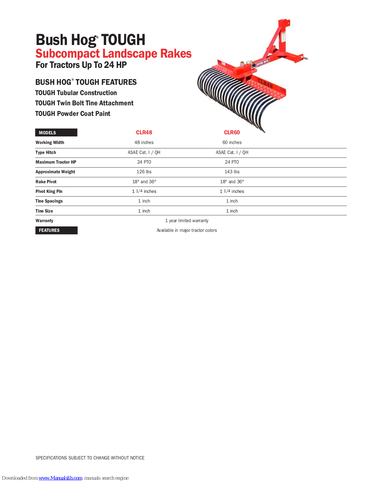 Bush Hog TOUGH CLR48, TOUGH CLR60 Specifications