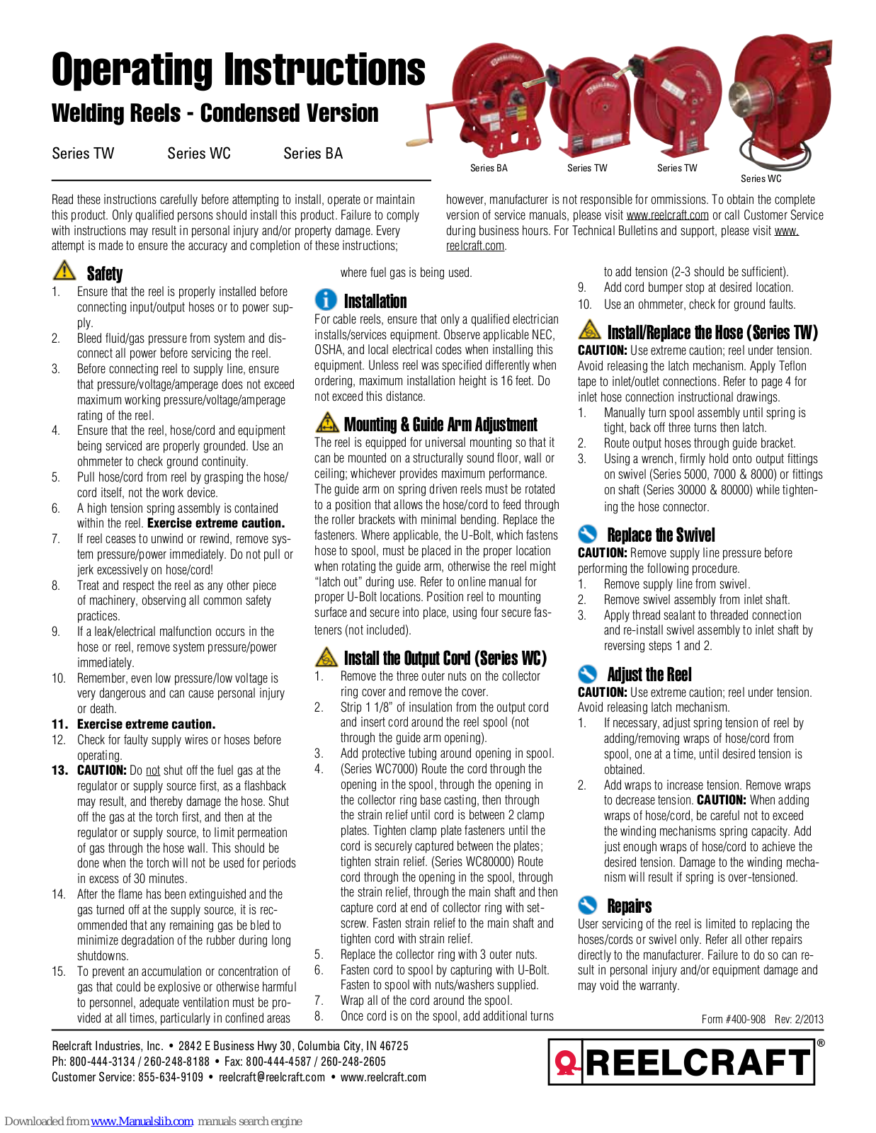 ReelCraft TW Series, WC Series, BA Series Operating Instructions Manual