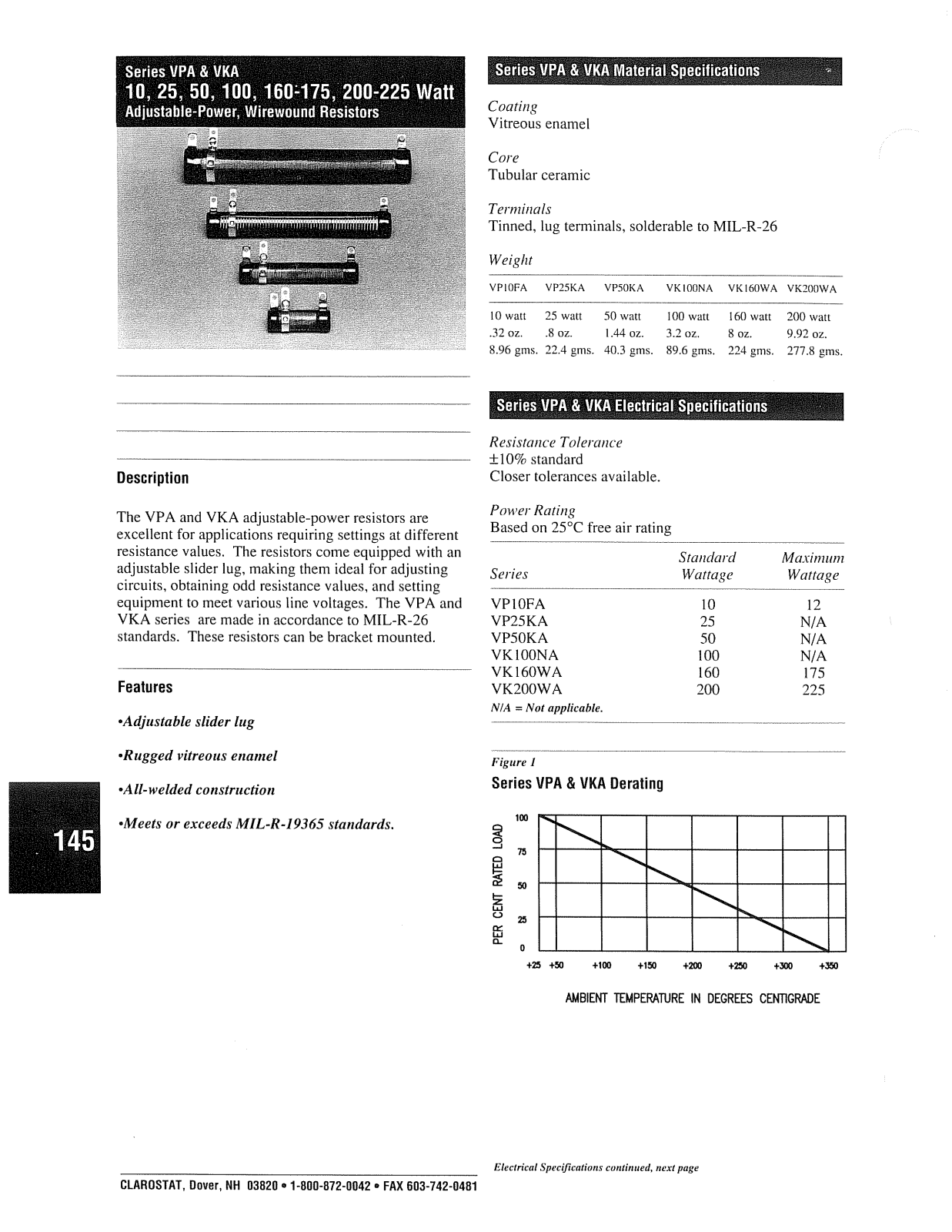 Clarostat-Honeywell Series VKA, Series VPA Catalog Page