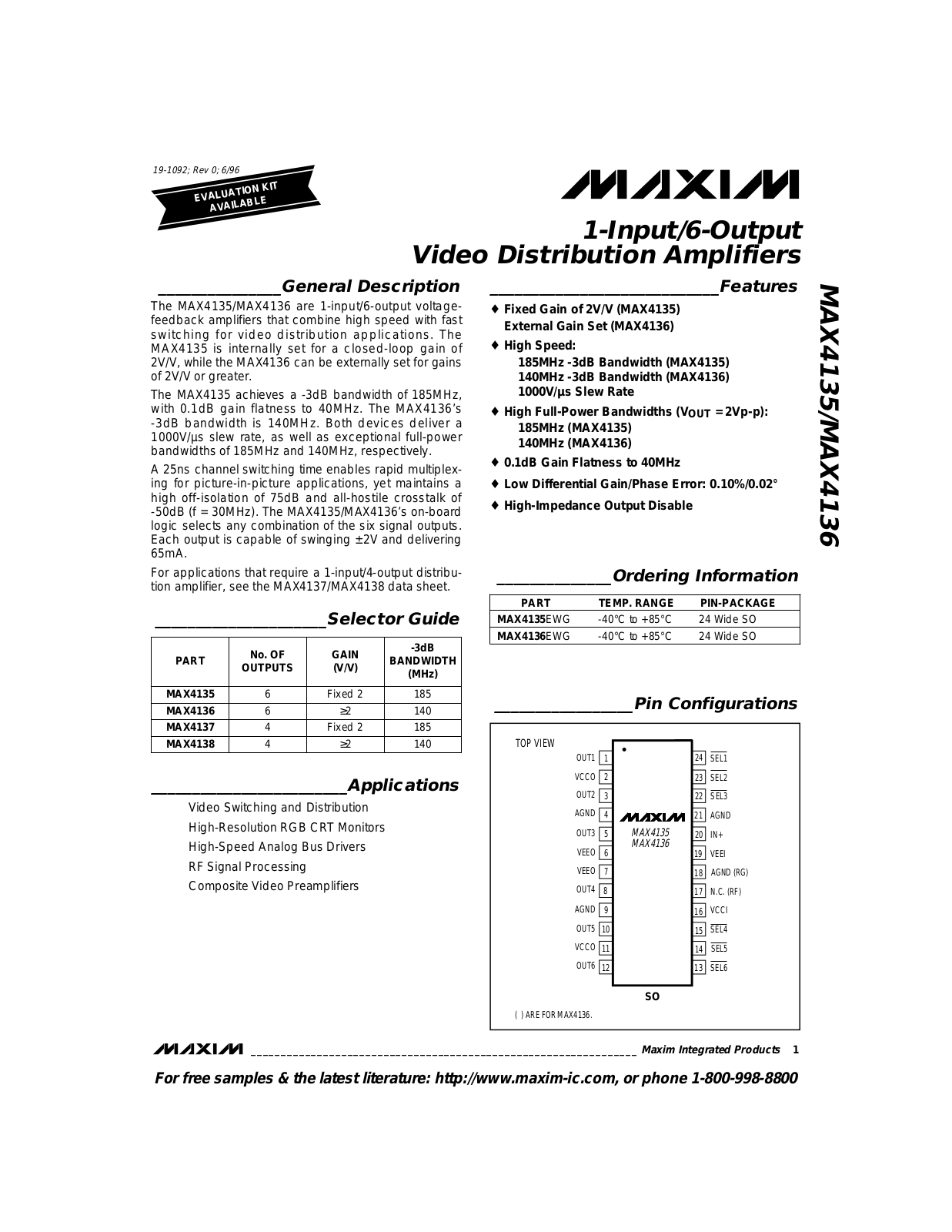 Maxim MAX4136EWG, MAX4135EWG Datasheet