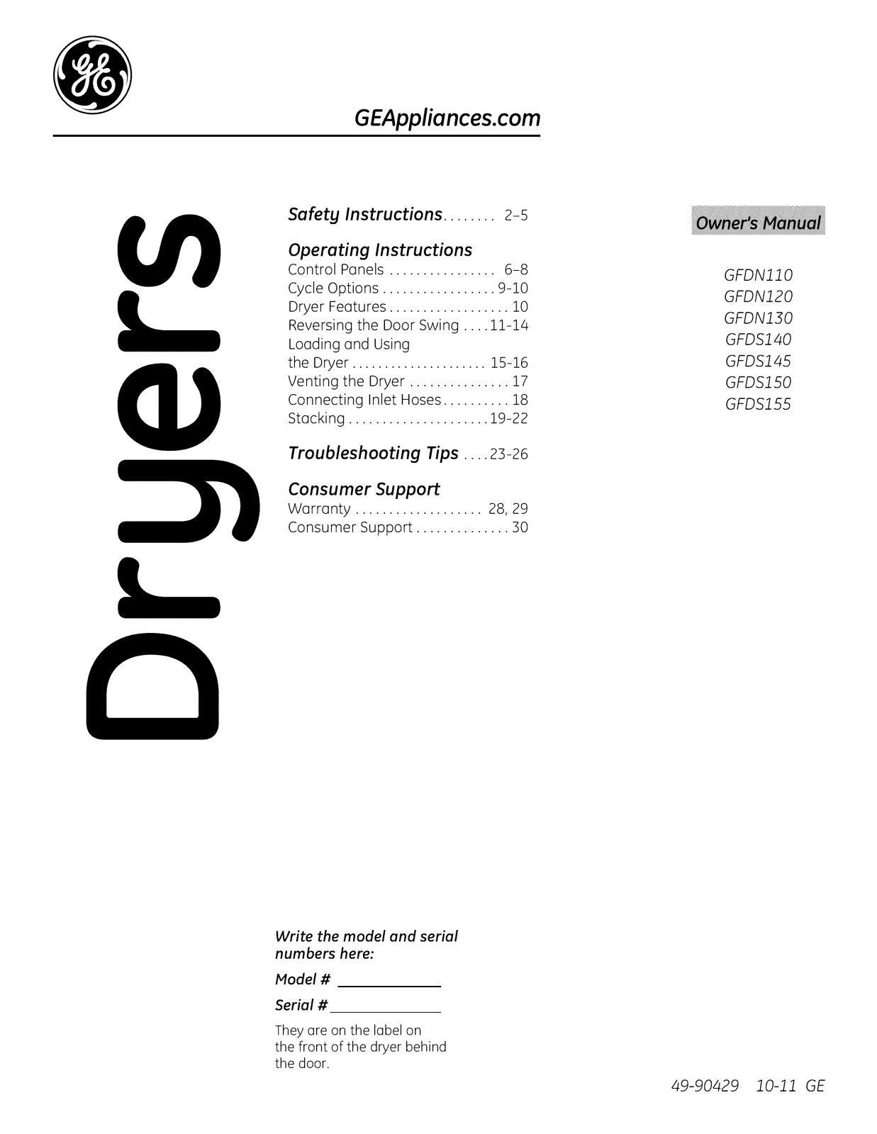 GE GFDS155GD0MS, GFDS155ED0MS, GFDS150GD1WW, GFDS150GD0WW, GFDS150ED0WW Owner’s Manual