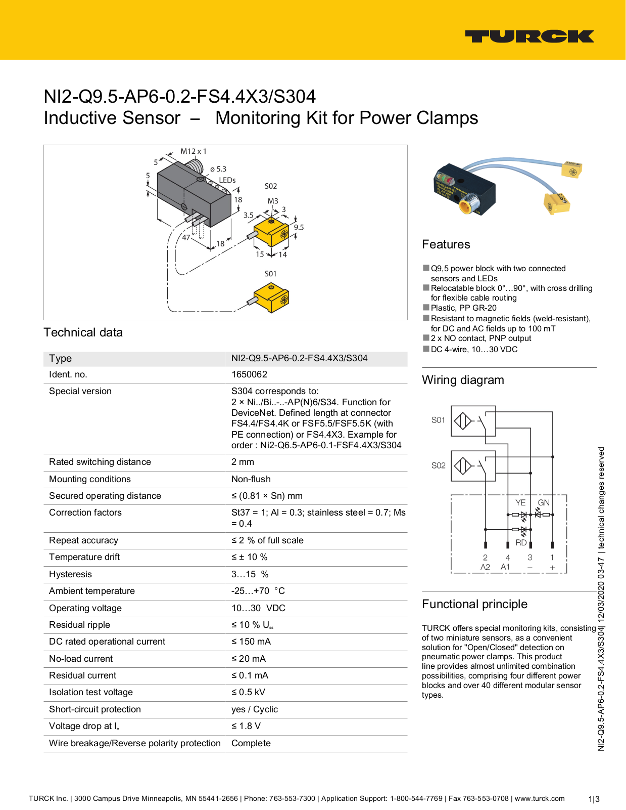 TURCK NI2-Q9.5-AP6-0.2-FS4.4X3/S304 Technical data