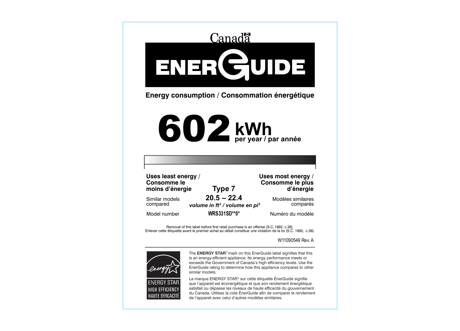 Whirlpool WRS331SDHM Energy Guide