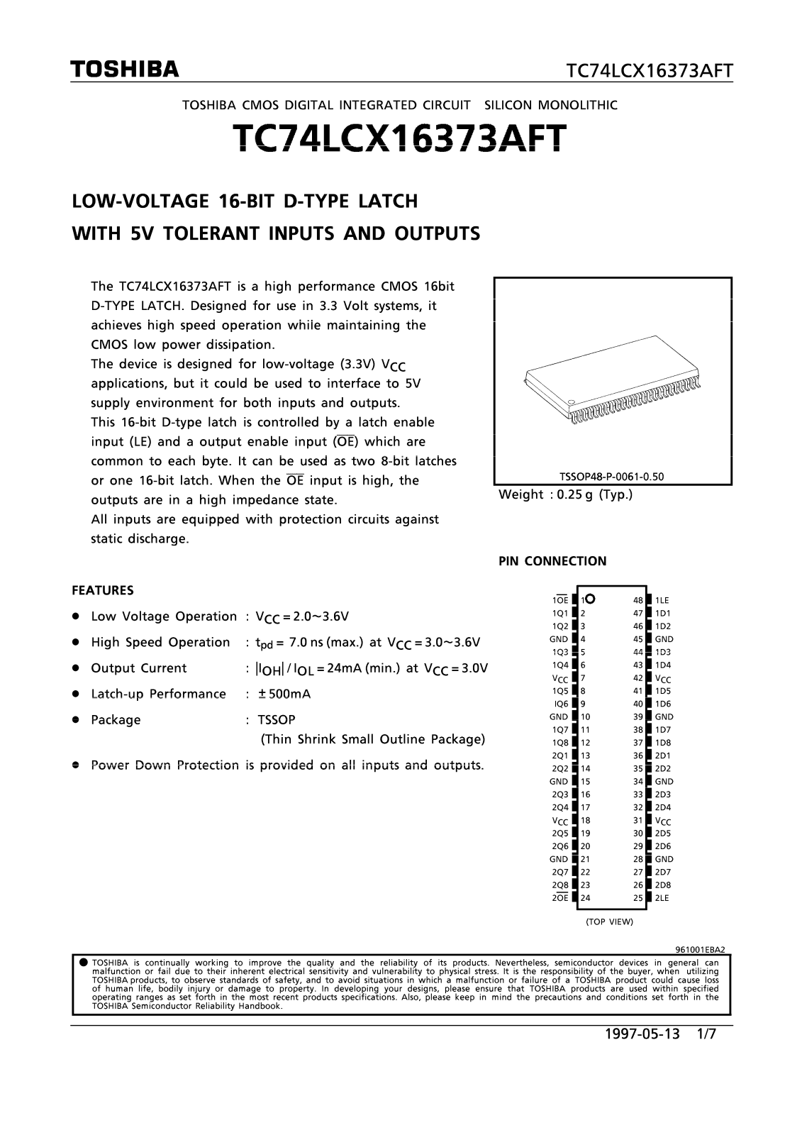 Toshiba TC74LCX16373AFT Datasheet