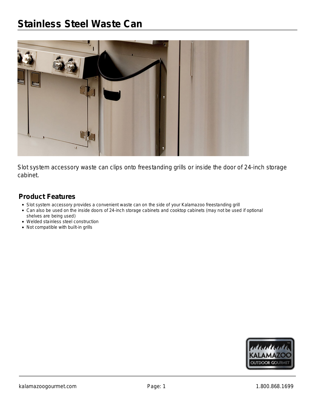 Kalamazoo Outdoor Gourmet AC-GC1 Specifications Sheet