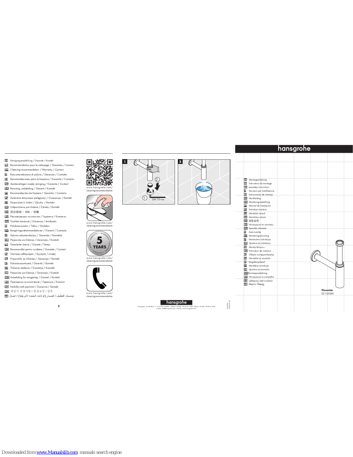 Hansgrohe 52105000, 52105820, 52105930 Assembly Instructions Manual