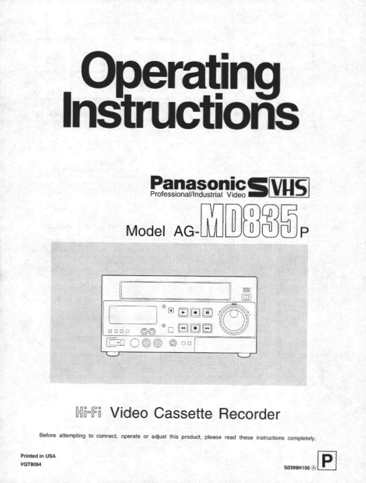 Panasonic AG-MD835P, AG-MD835E User Manual