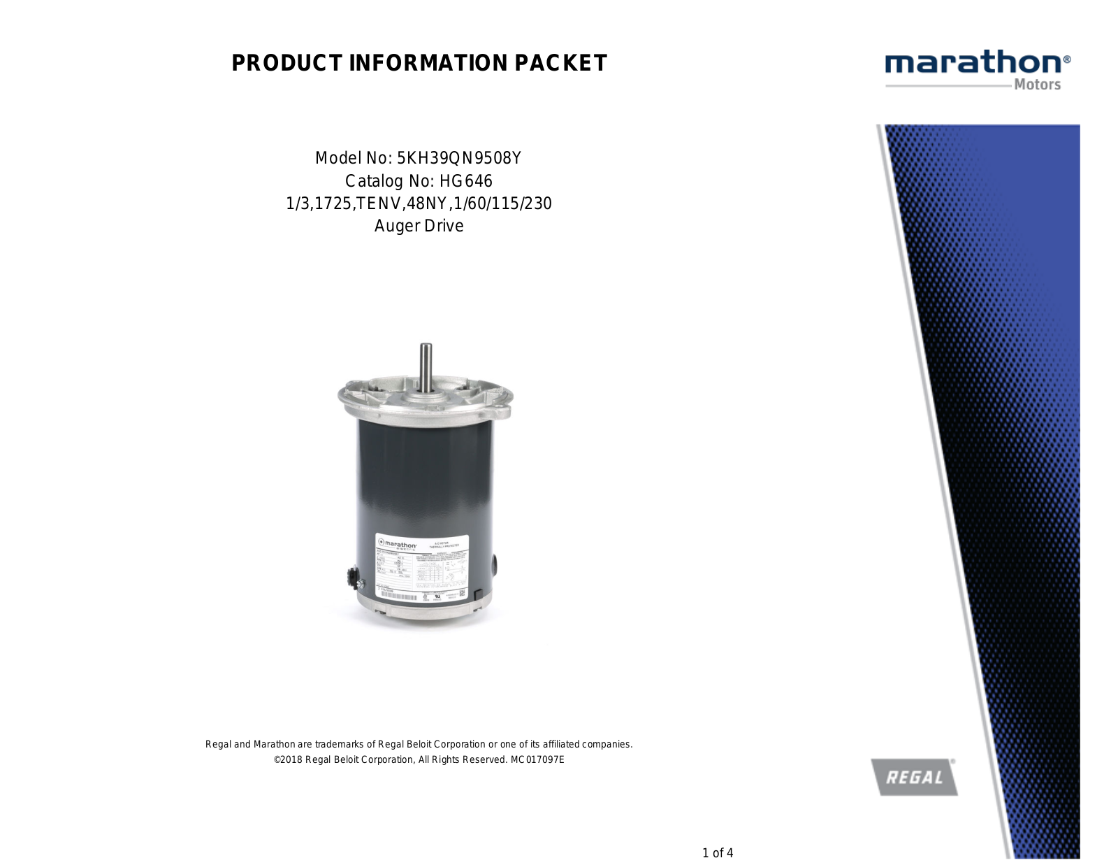 Marathon Electric 5KH39QN9508Y Product Information Packet