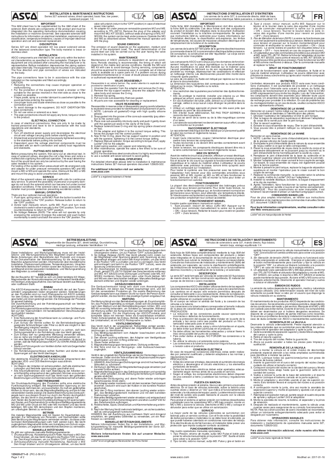 ASCO Series 327 Basic Flow Low Power Solenoid Valves Manuals & Guides