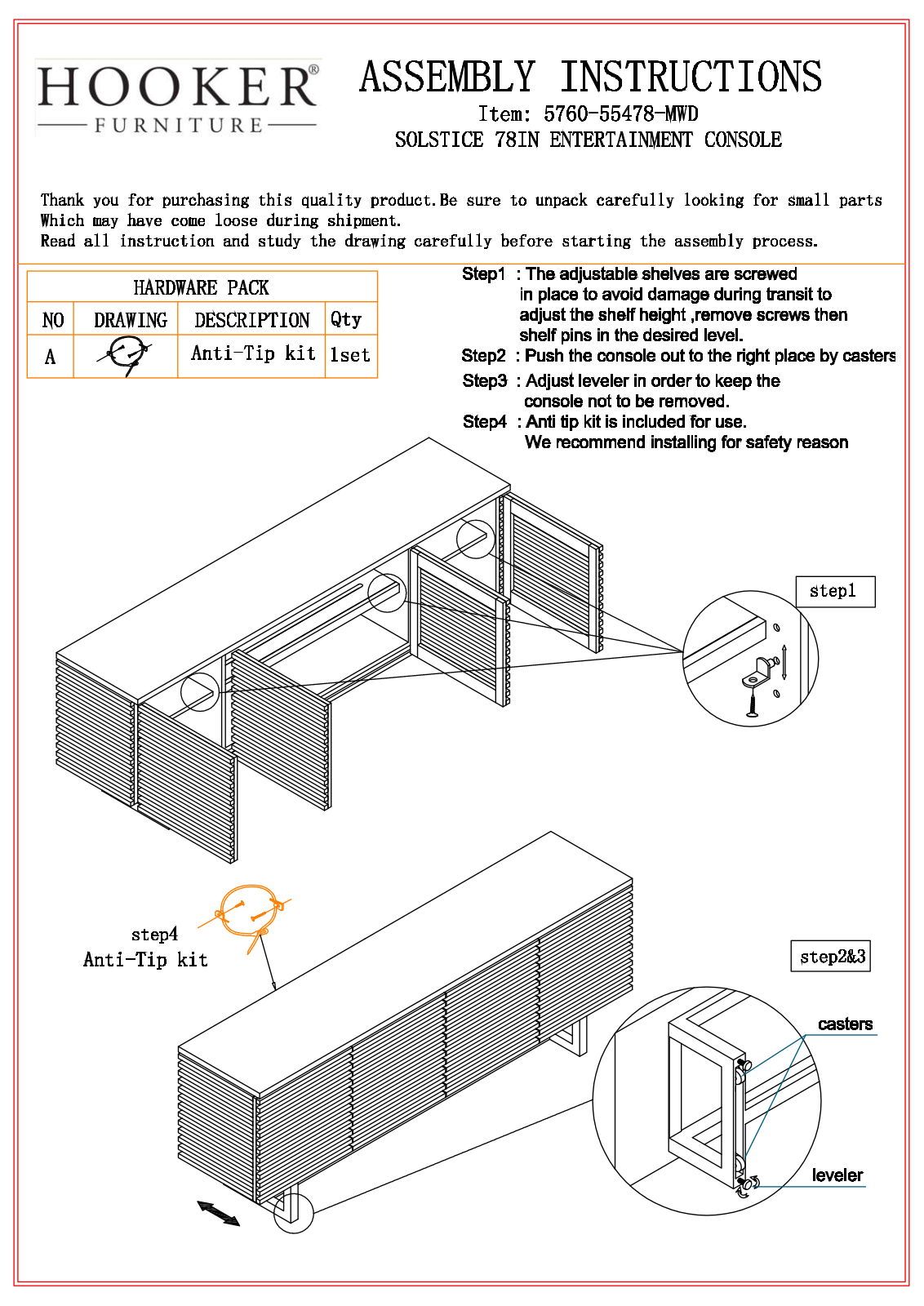 Hooker Furniture 57605547880 Assembly Guide