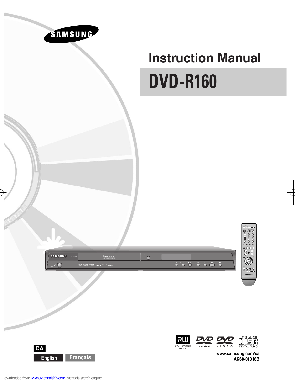 Samsung 2.0070529160005e16, AK68-01318B, DVD-R160-XAC, DVD-R160 Instruction Manual