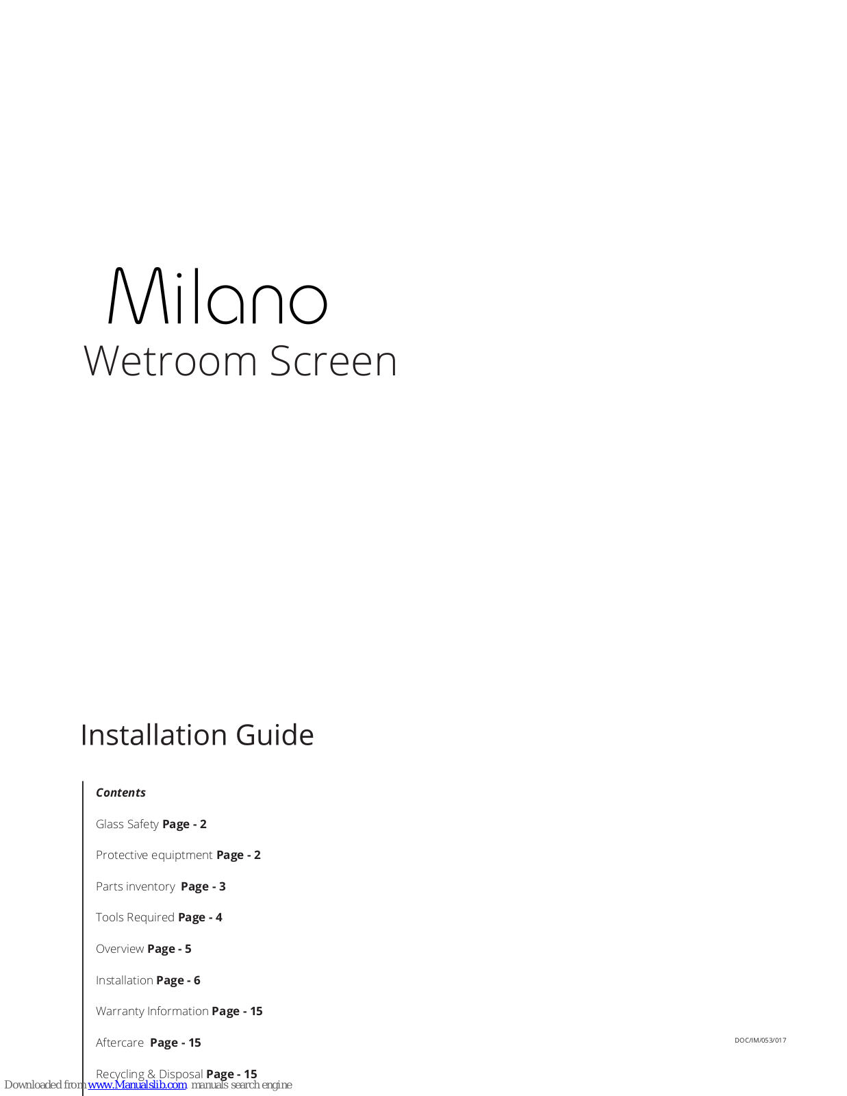 Milano Wetroom Screen, SEPWR700 Installation Manual