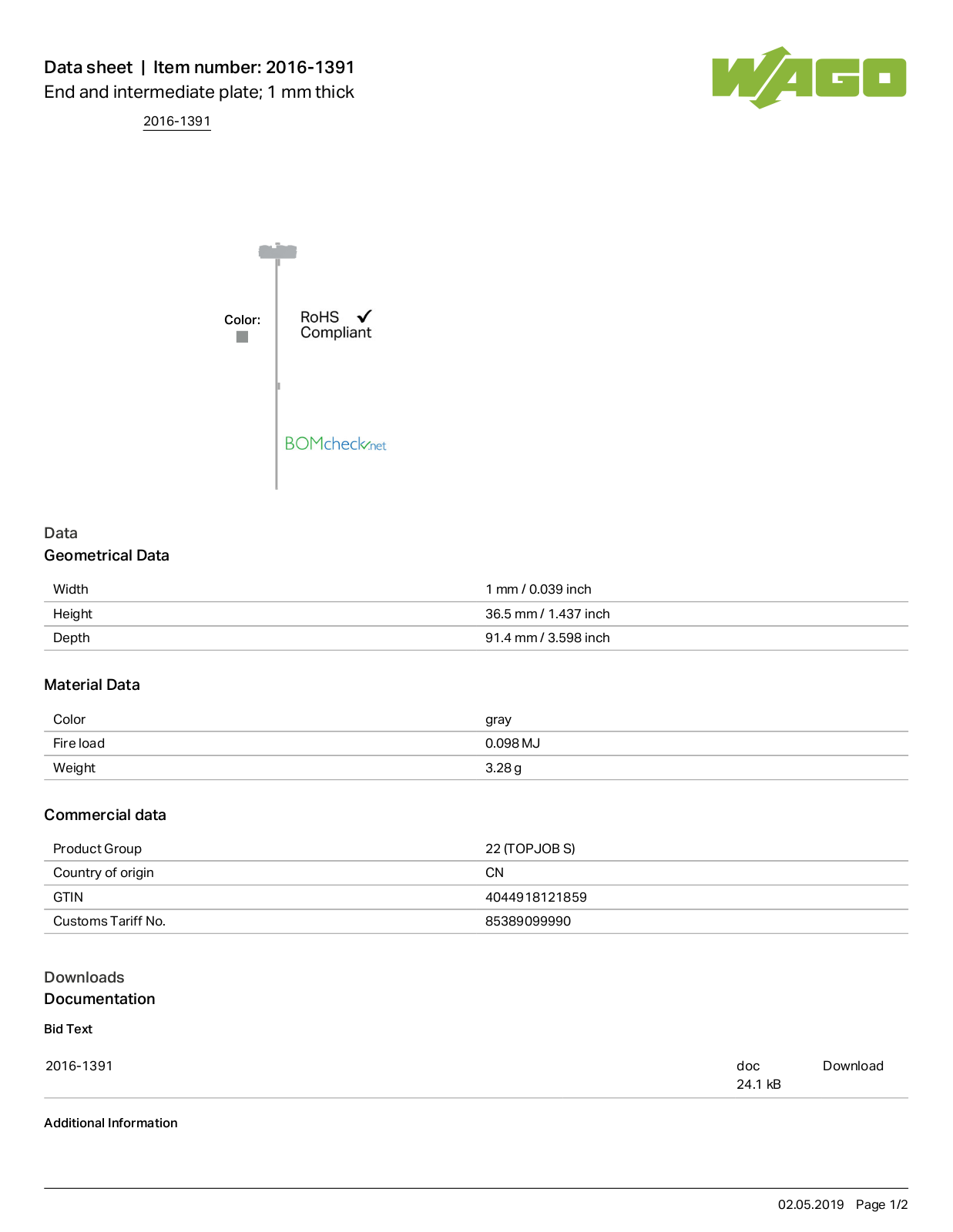 Wago 2016-1391 Data Sheet