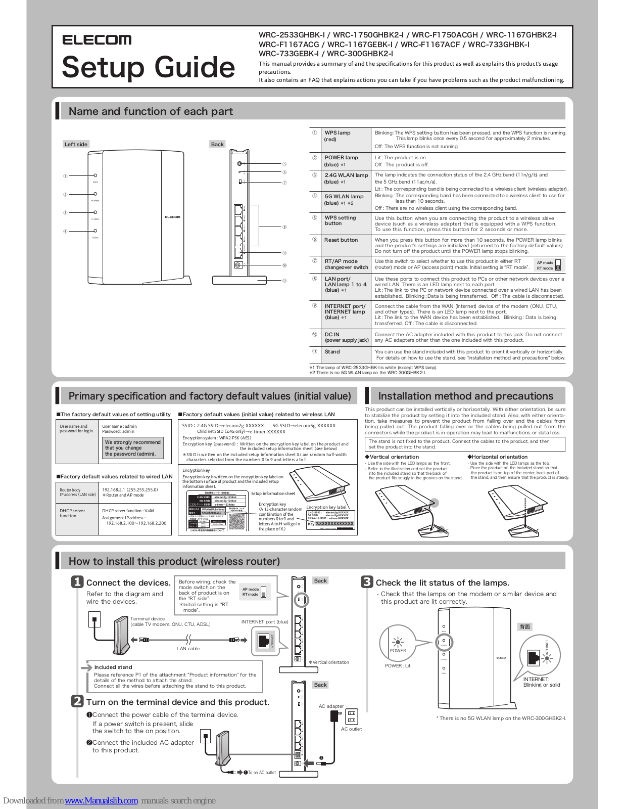 Elecom WRC-F1750ACGH, WRC-1750GHBK2-I, WRC-1167GHBK2-I, WRC-F1167ACF, WRC-733GHBK-I Setup Manual