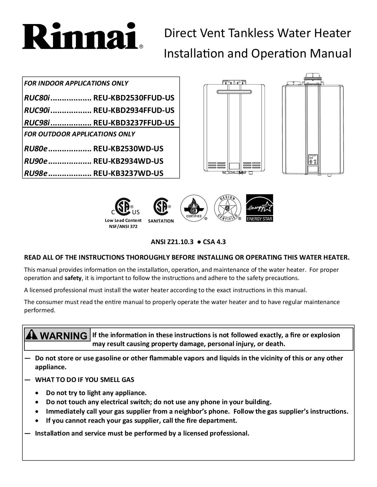 Rinnai Water Heater RU80eN Service Manual