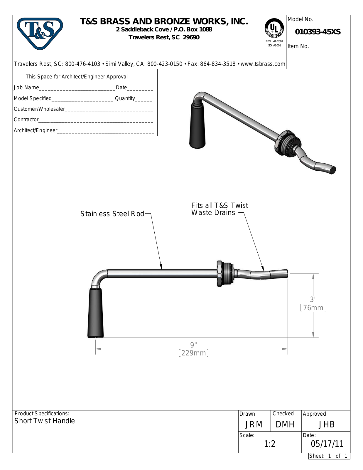 T&S Brass 010393-45XS User Manual